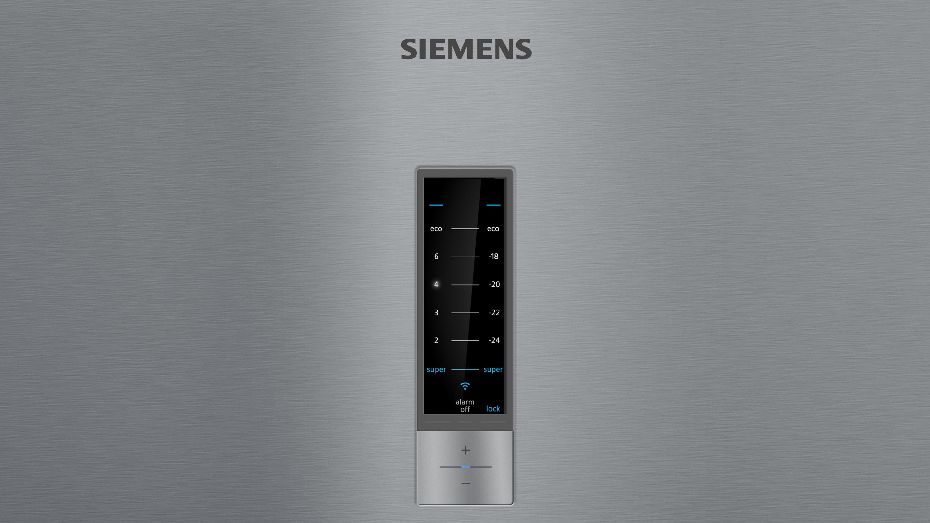 Nevera Siemens con pantalla digital de temperatura y modos.