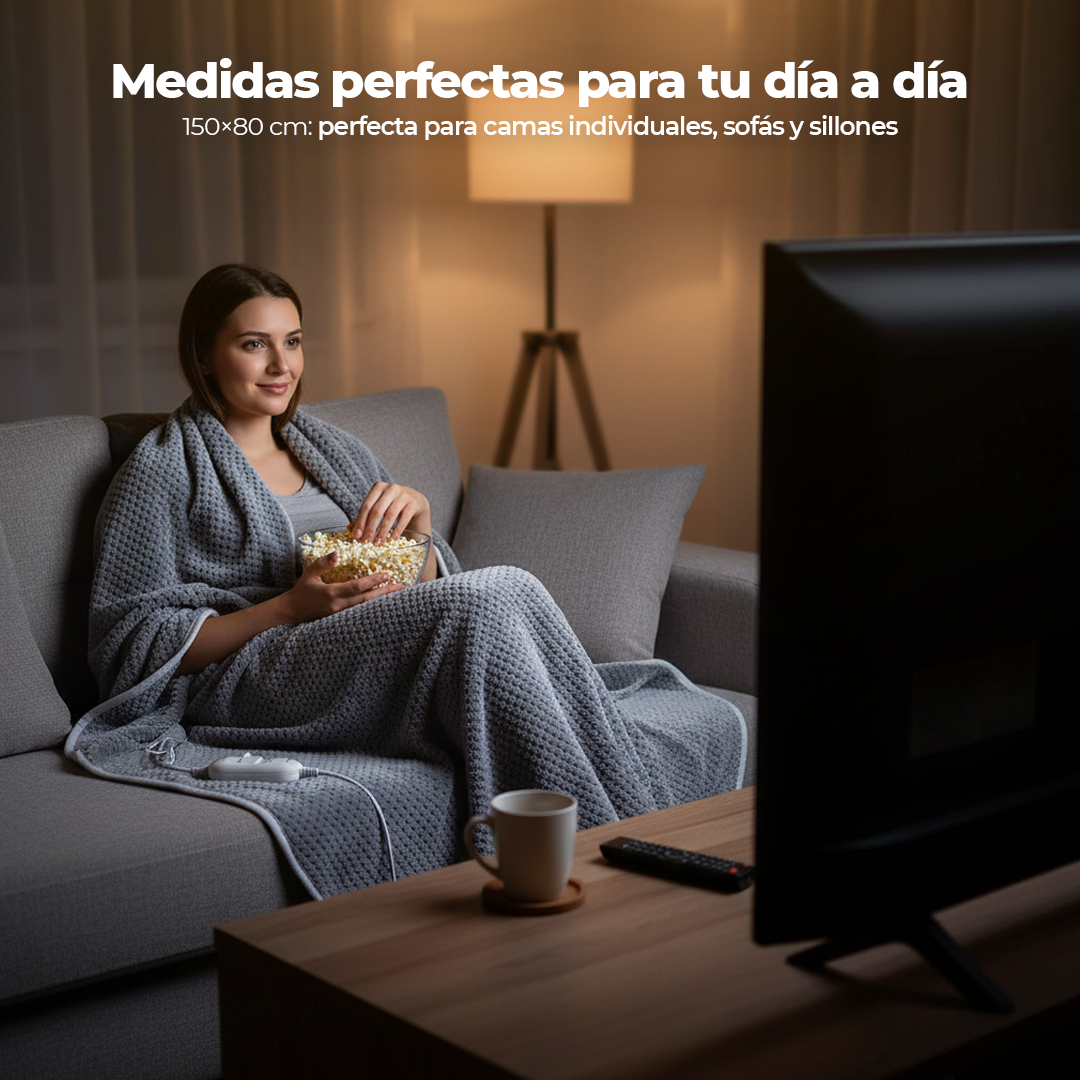 Mujer en sofá con manta y palomitas, viendo la TV.