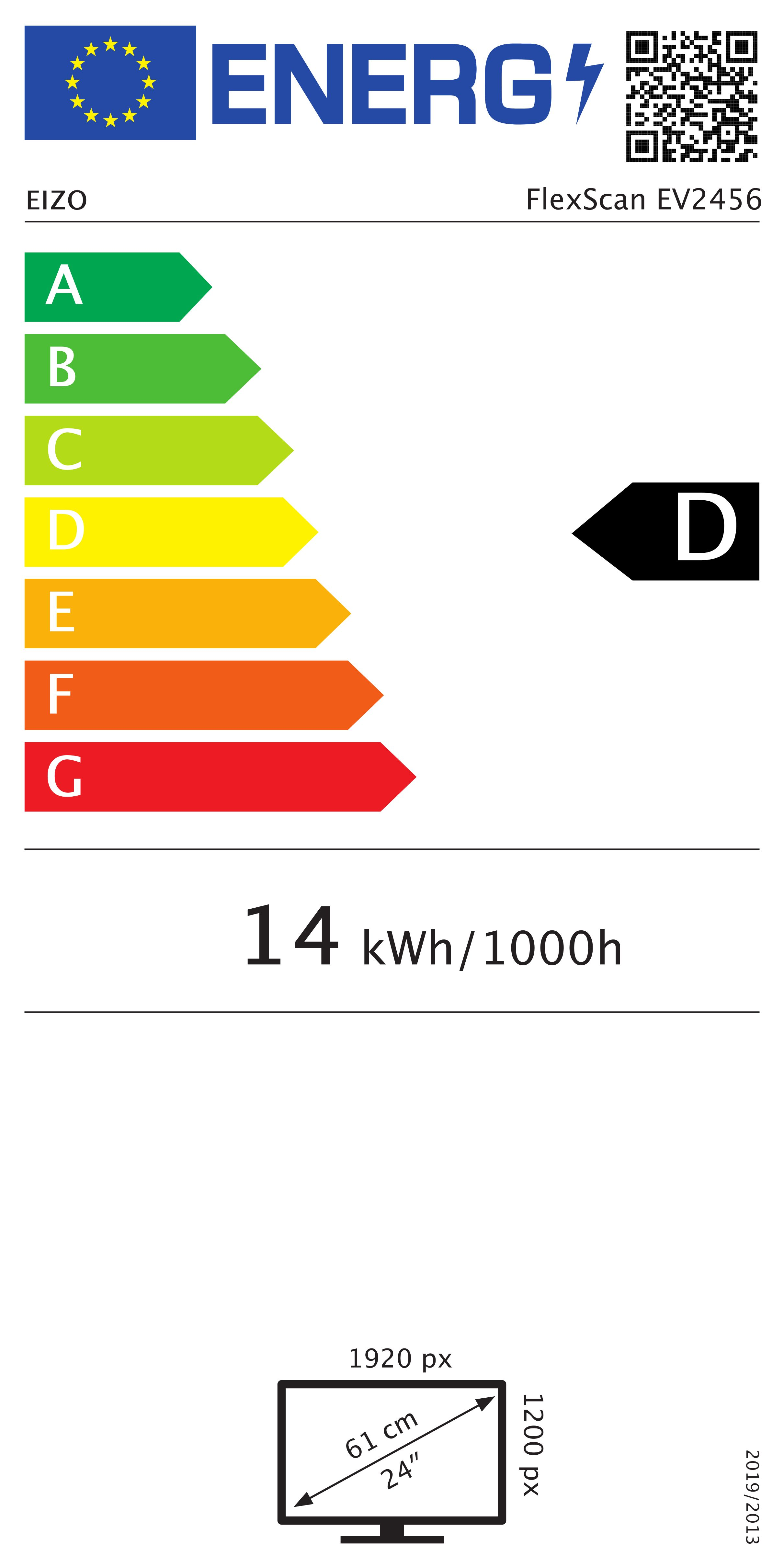 Energielabel für EIZO FlexScan EV2456: Klasse D, 14 kWh/1000h, 24 Zoll.