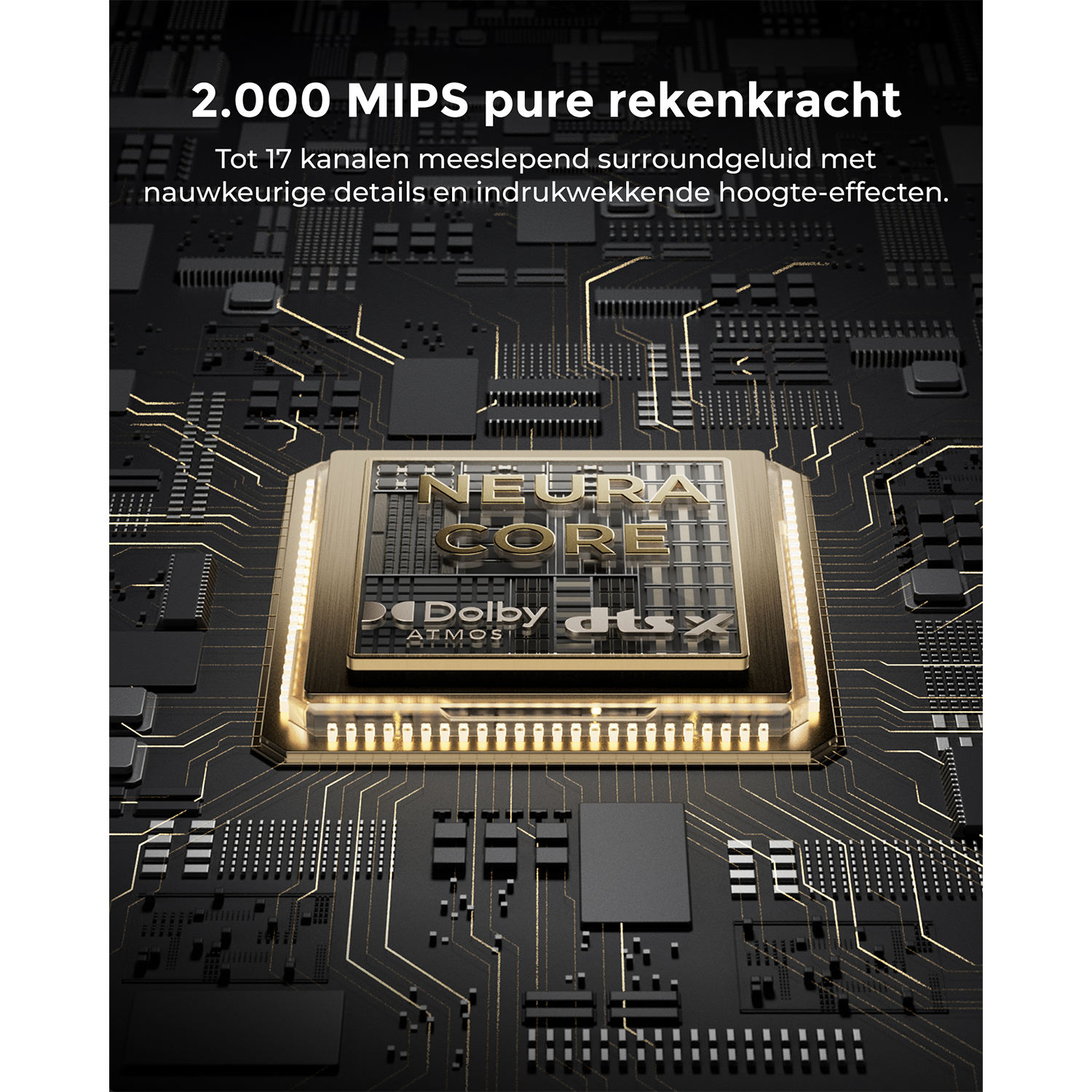 Gouden chip met 'NEURAL CORE' en Dolby Atmos/DTS:X. Abstracte achtergrond.