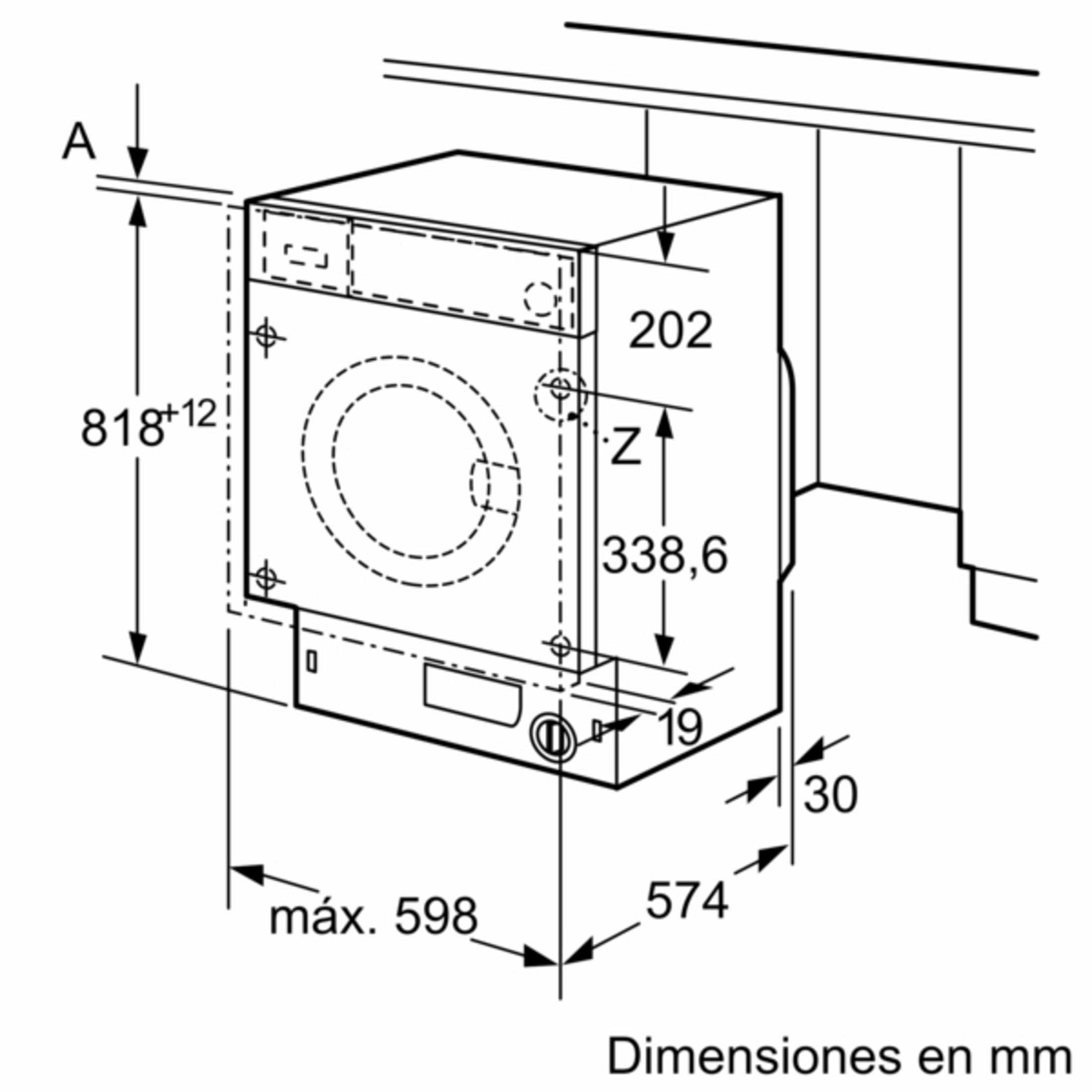 Dibujo técnico de una lavadora con dimensiones en mm.