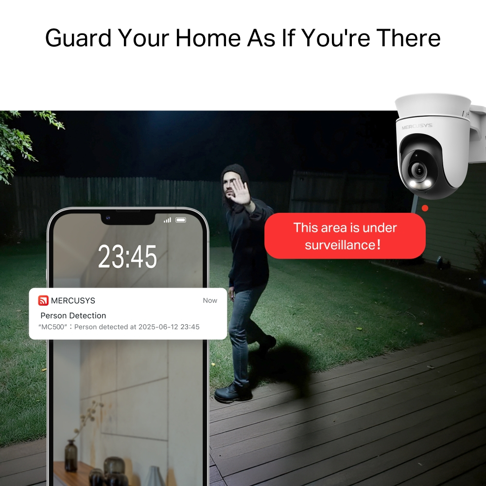 Una telecamera di sicurezza riprende una persona che si avvicina a una porta. Viene visualizzata una notifica.
