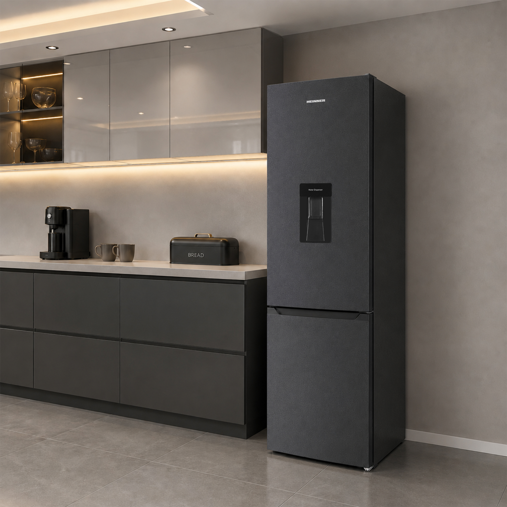 Modern dark kitchen with refrigerator, coffee maker, and bread box.