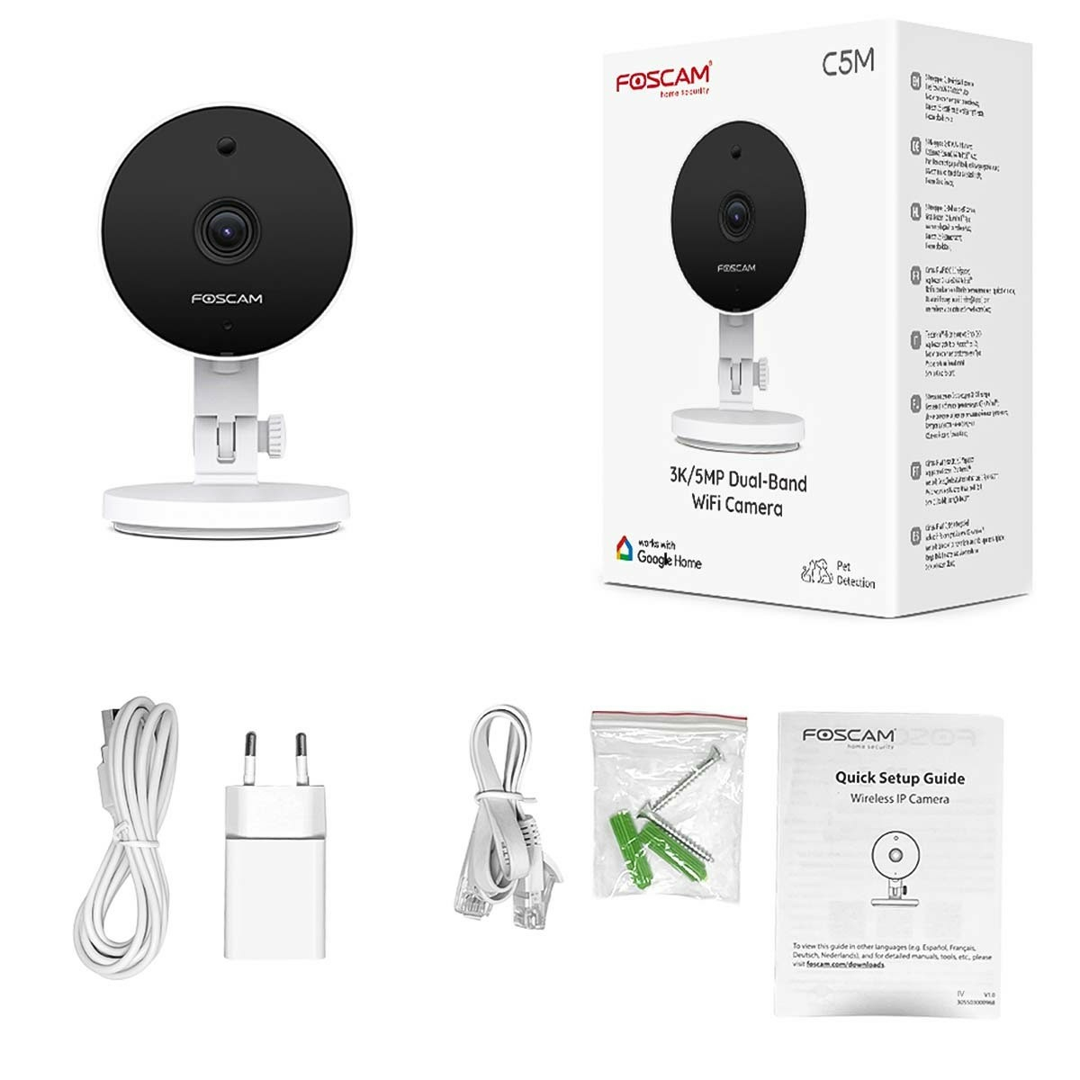 Ein Foscam WLAN-Kamera-Set mit Zubehör wie Netzteil, Kabeln und Schrauben.