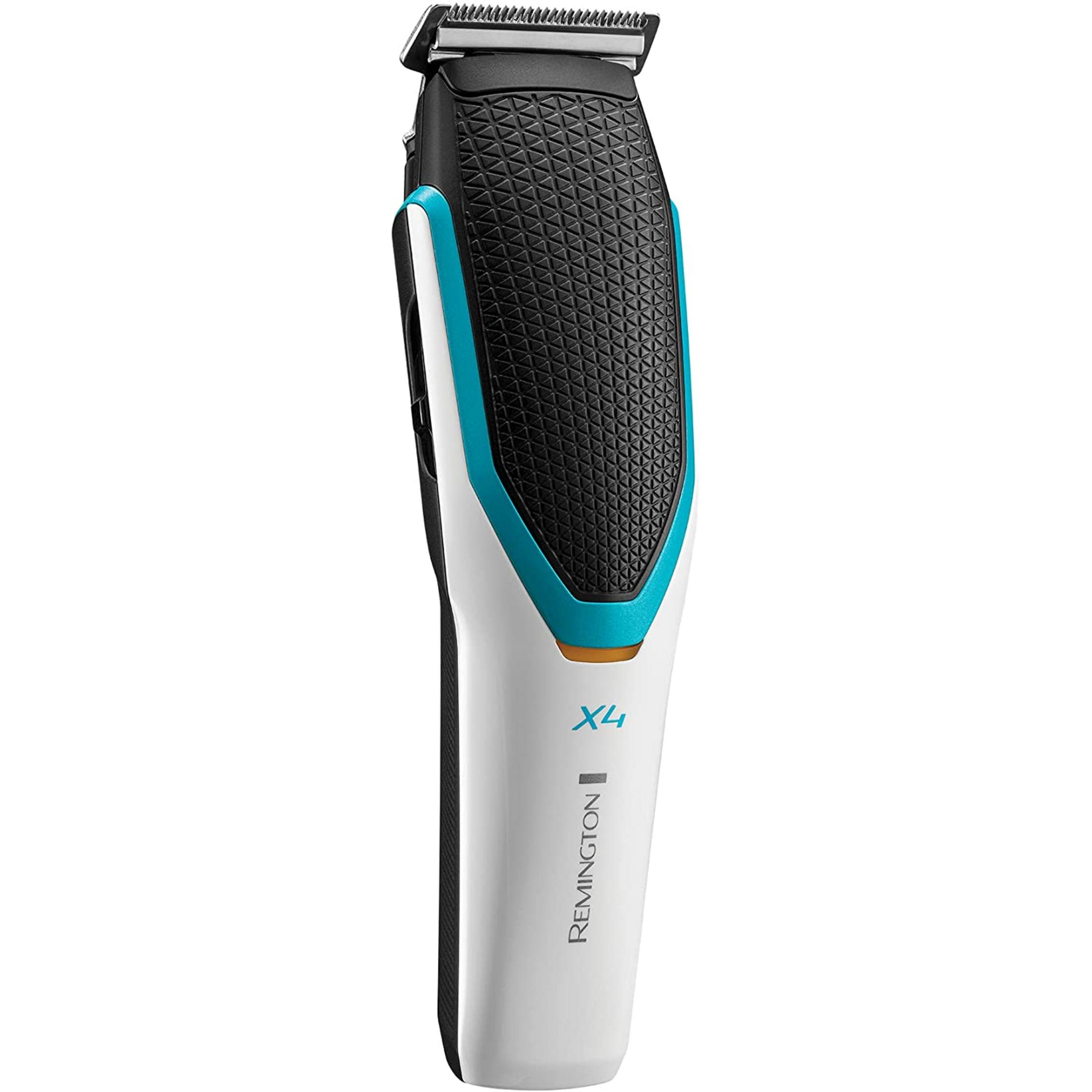 Une tondeuse Remington X4 blanche et noire avec des accents bleus.