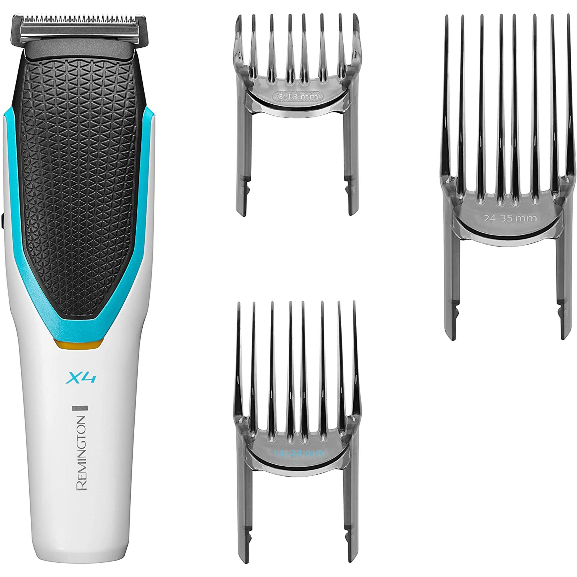 Une tondeuse à cheveux blanche avec un accent bleu et trois sabots.