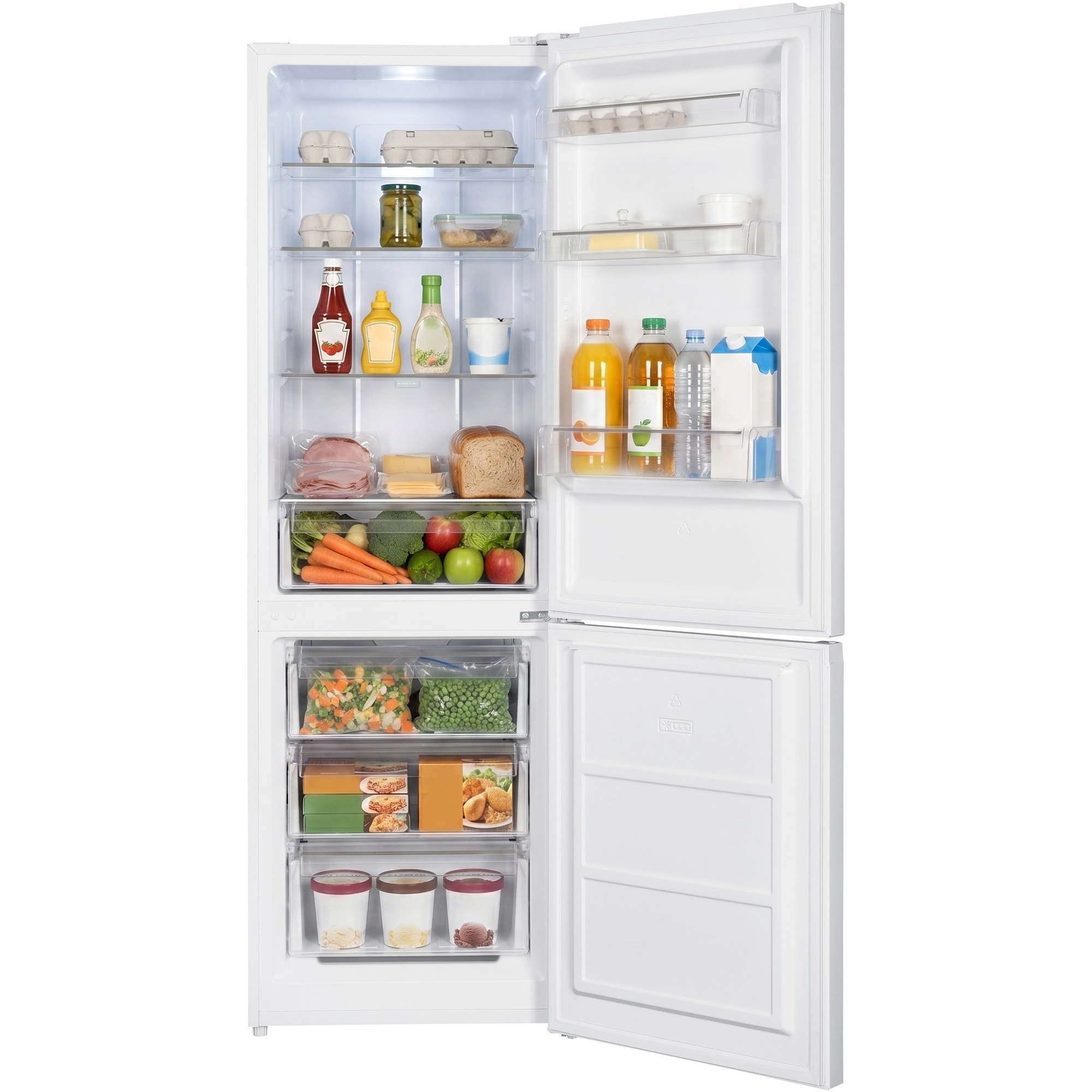 Open white refrigerator filled with food, including vegetables, fruit, drinks, and eggs.