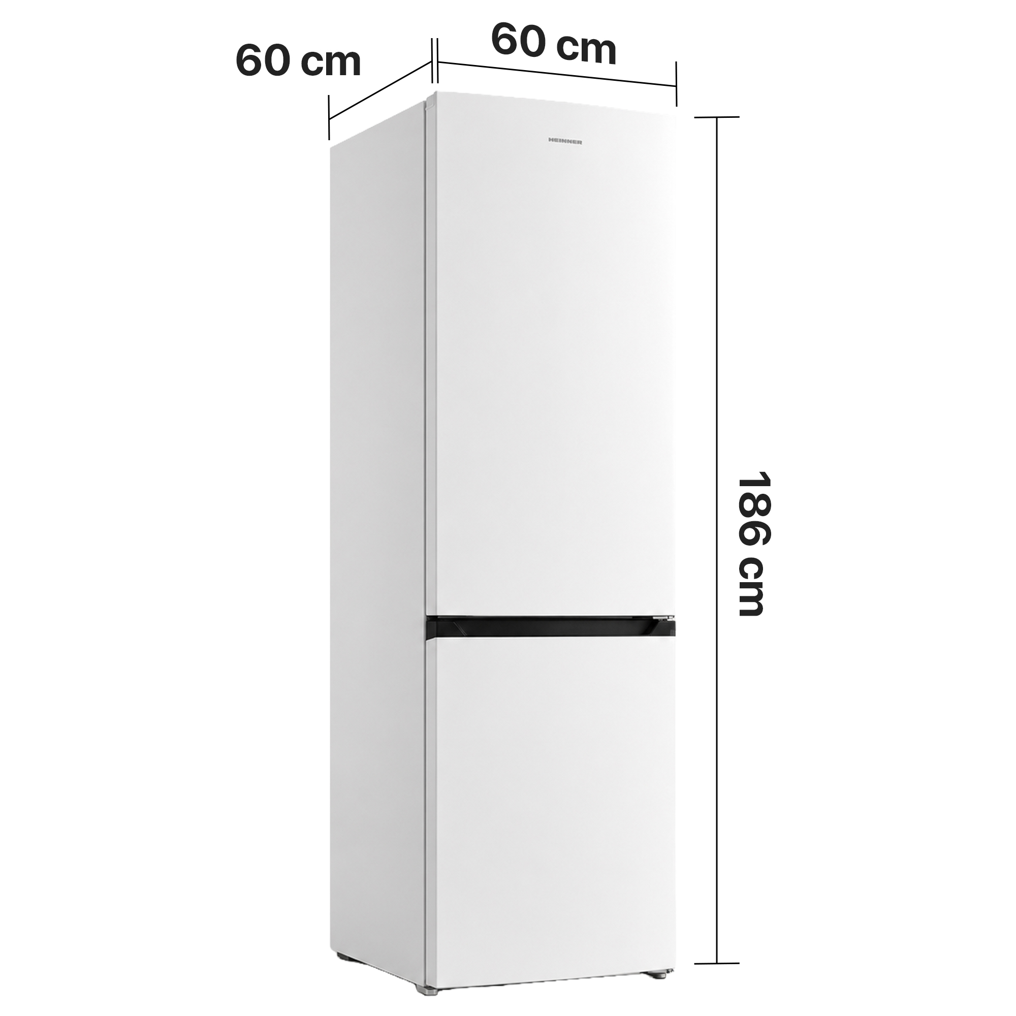 A white refrigerator with dimensions 186x60x60 cm.