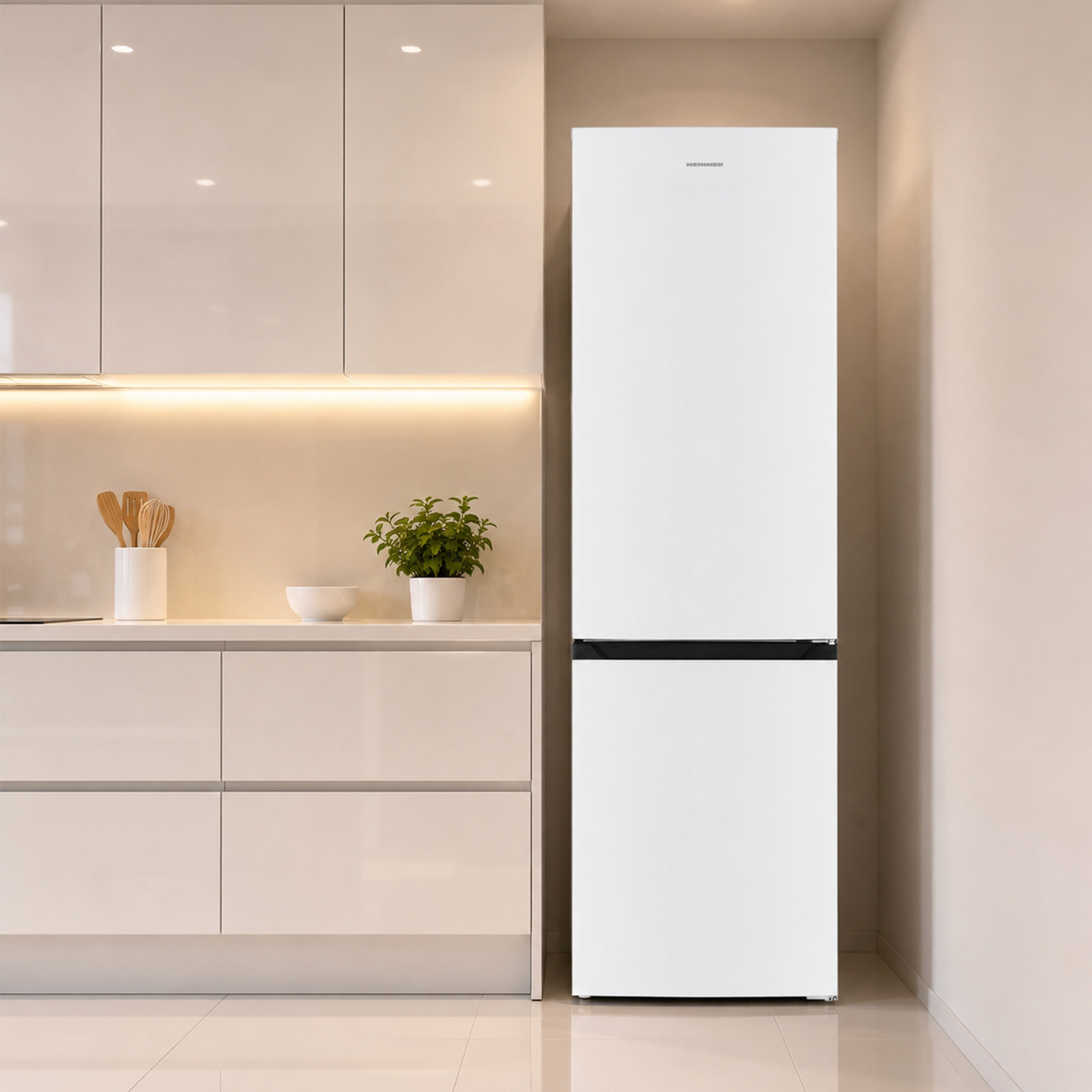 A white fridge-freezer stands next to white kitchen cabinets with lighting.