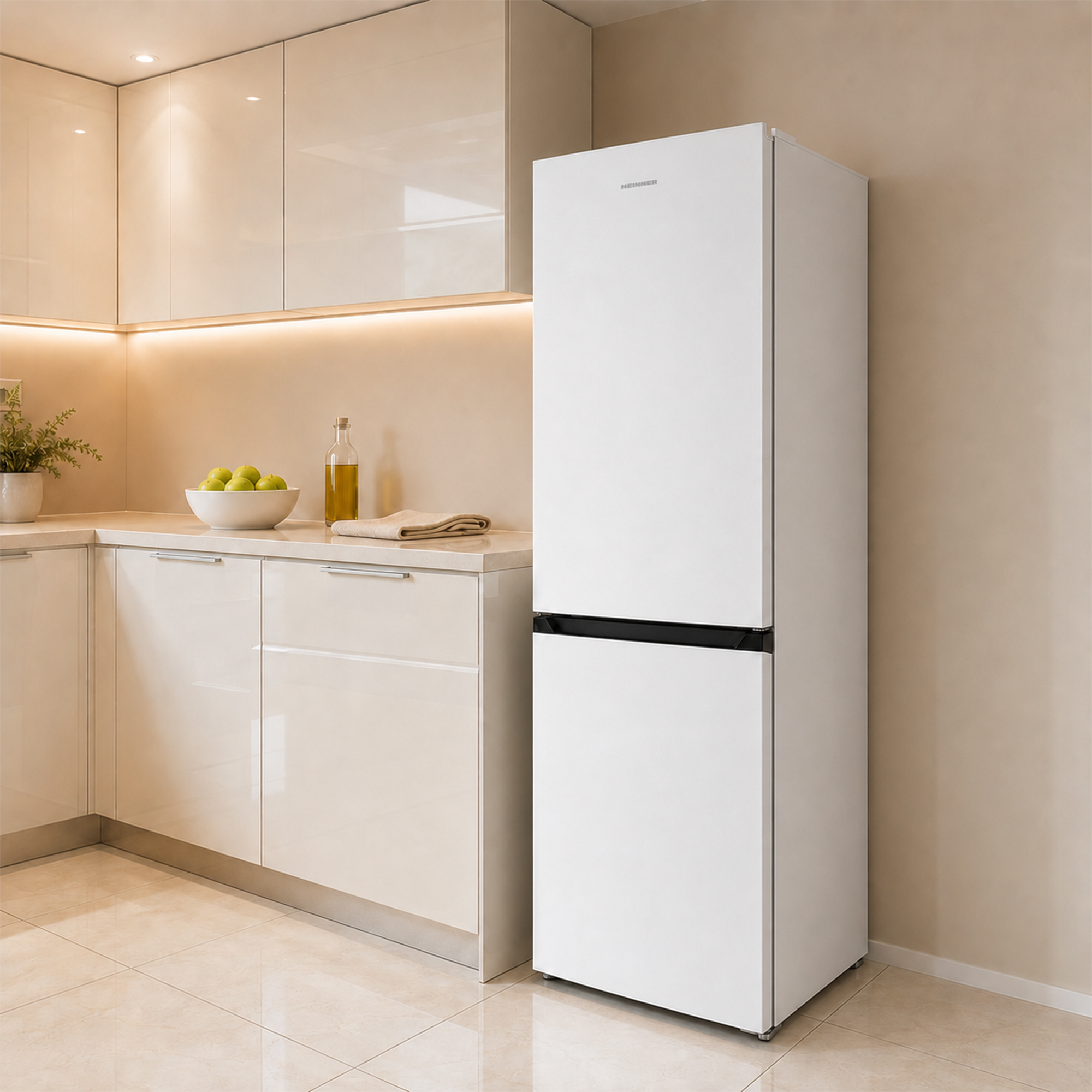 White fridge-freezer in a modern kitchen with beige cabinets and tiled floor.