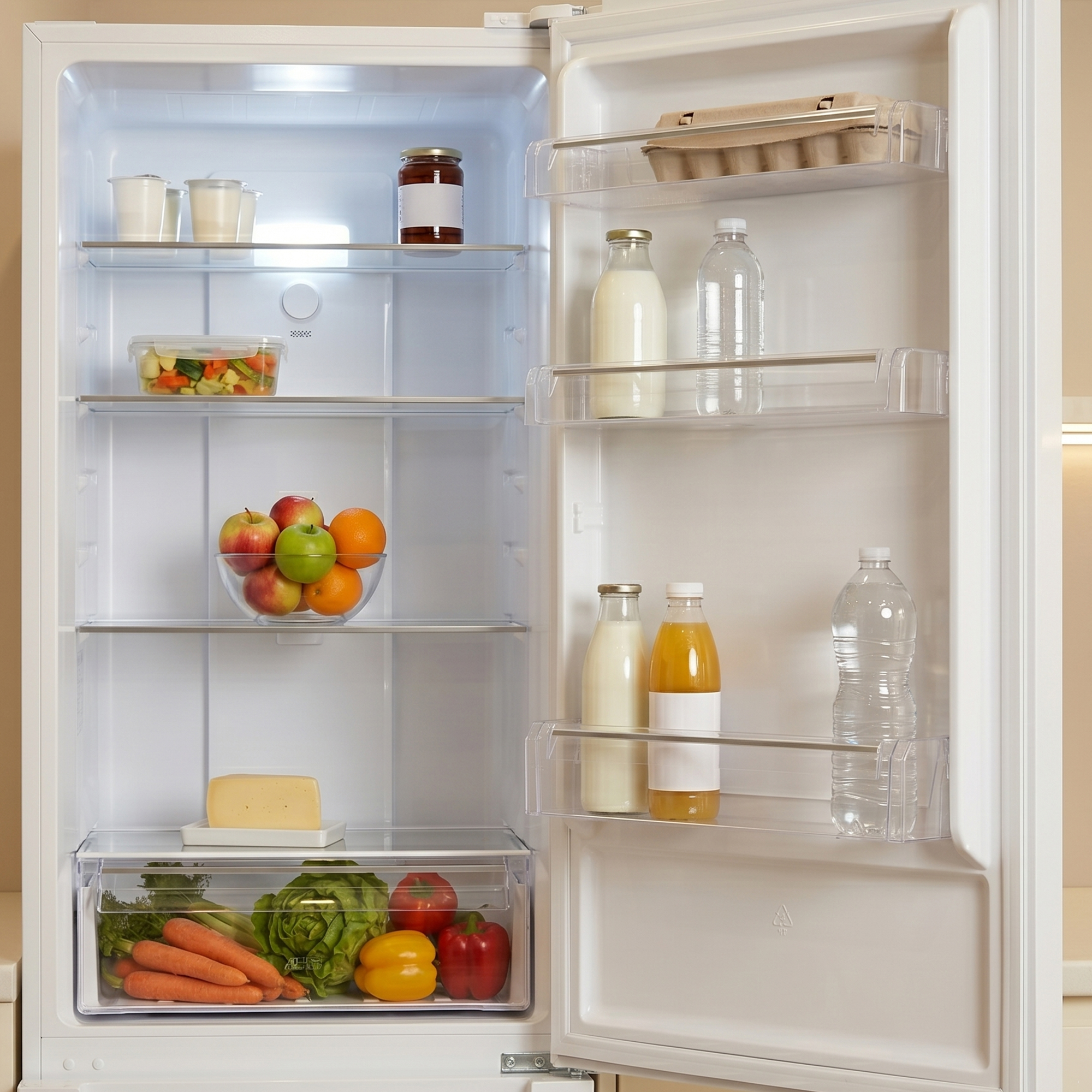 An open refrigerator stocked with food items like fruits, vegetables, milk, and eggs.