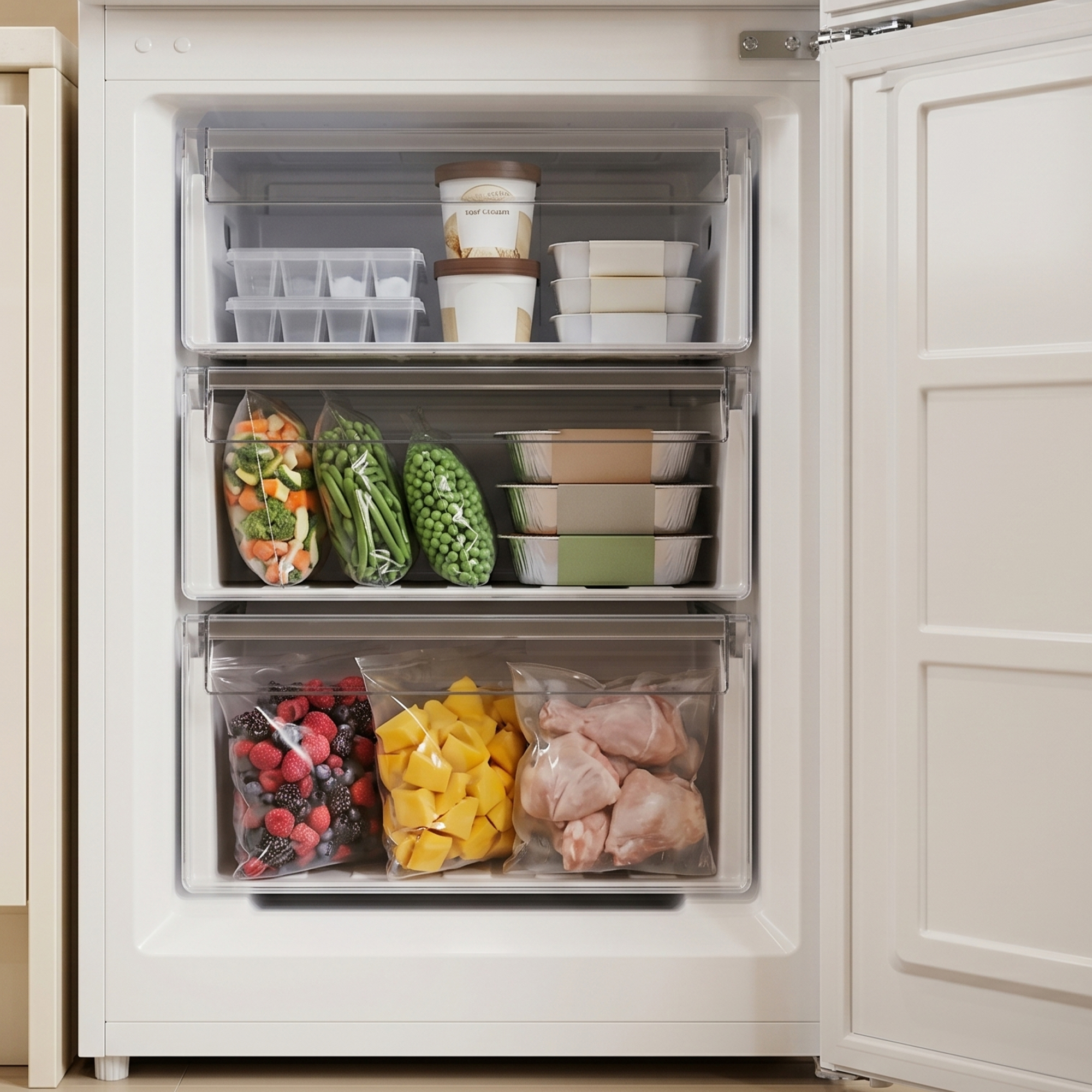 An open freezer stocked with frozen fruit, vegetables, ice cream, and chicken.