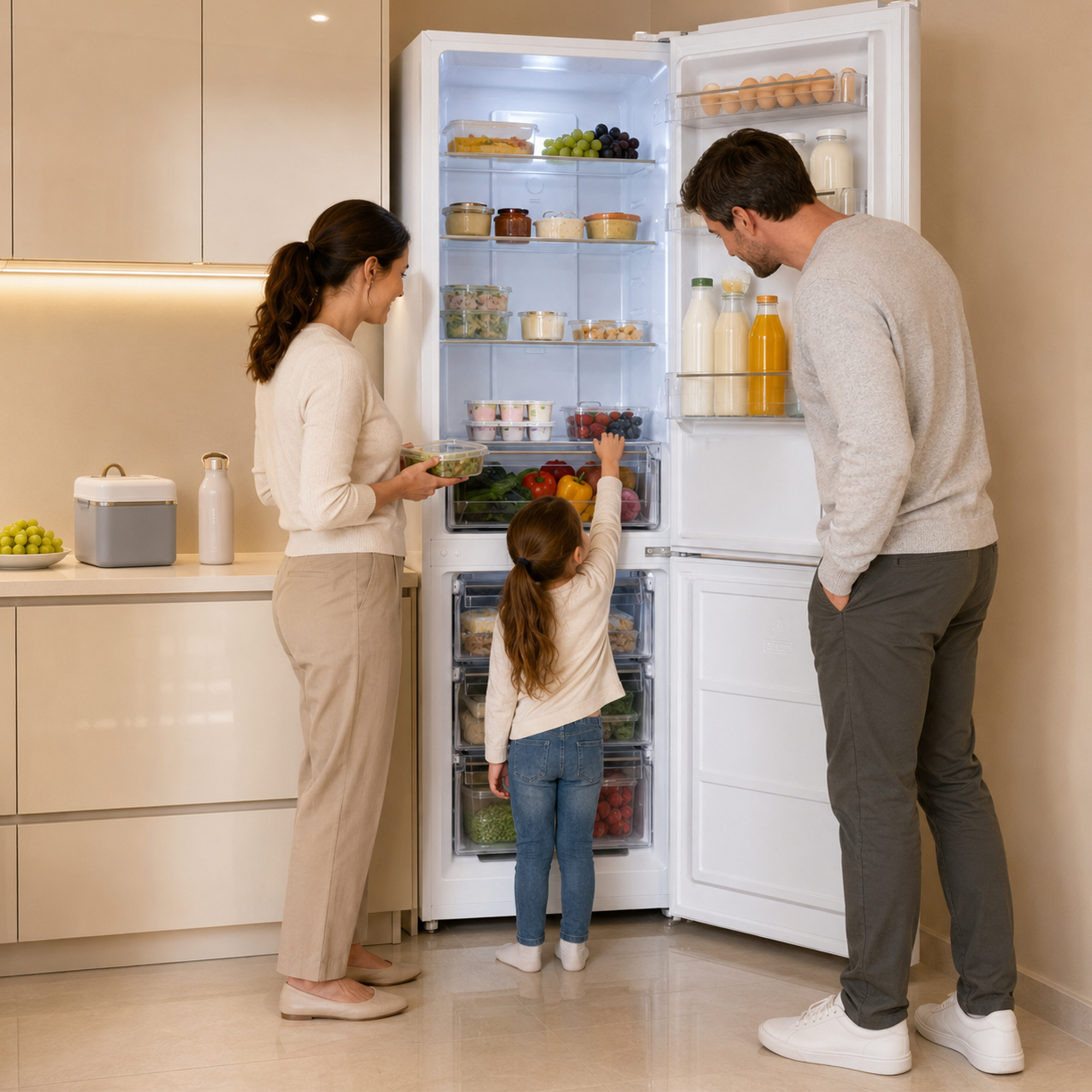 Family looking into an open refrigerator filled with food items.