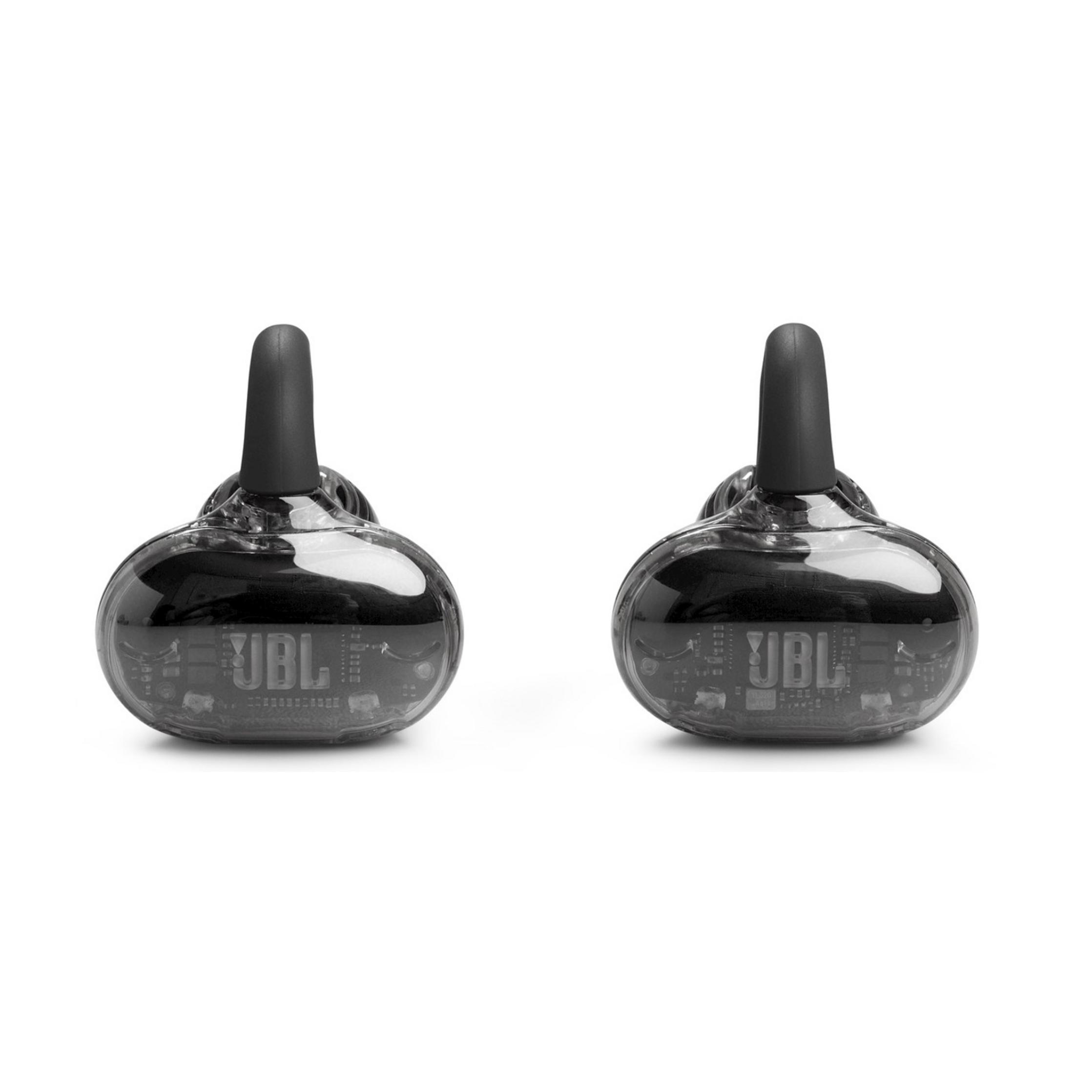 Deux écouteurs JBL noirs transparents avec embouts noirs sur fond blanc.
