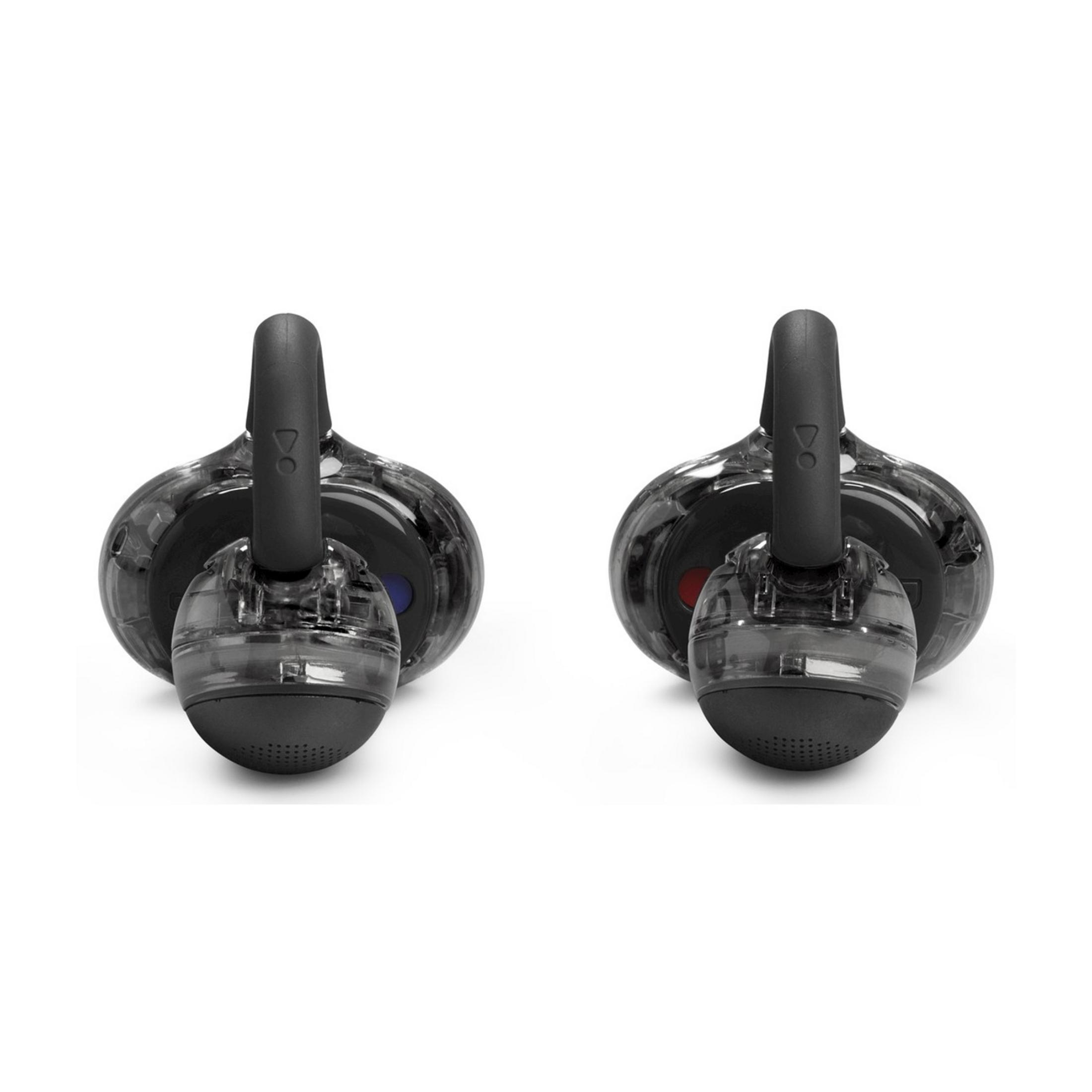Deux écouteurs noirs transparents avec crochets d'oreille et accents rouges et bleus.