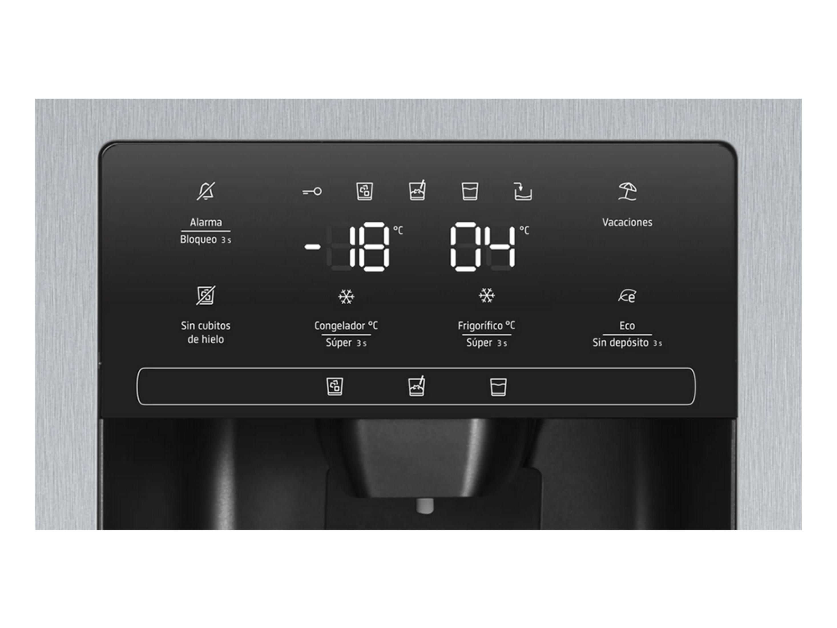 Display de refrigerador muestra alarma, -18°C y 4°C, y modo vacaciones.