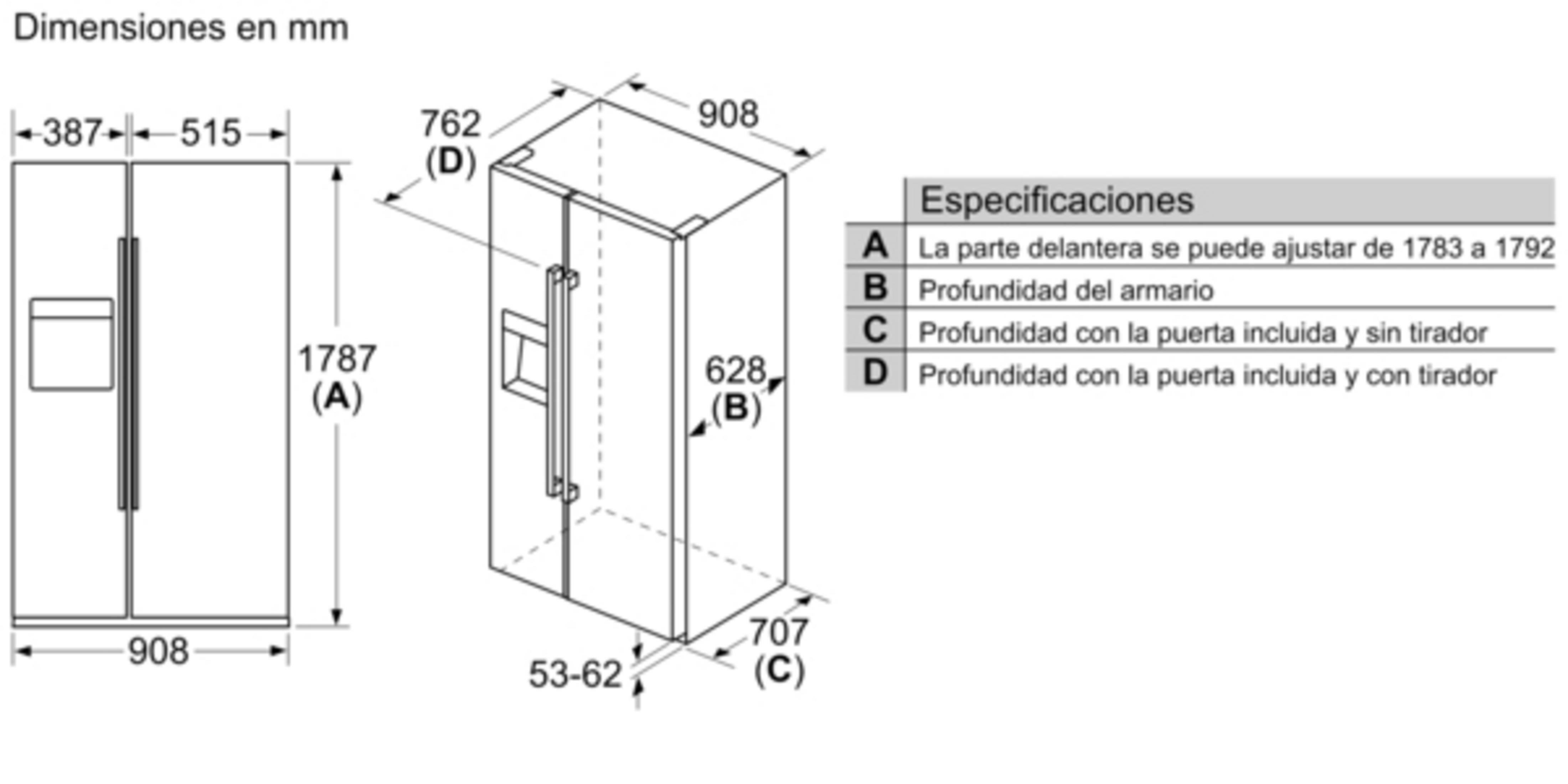 Dibujo técnico de un refrigerador con dimensiones en mm.