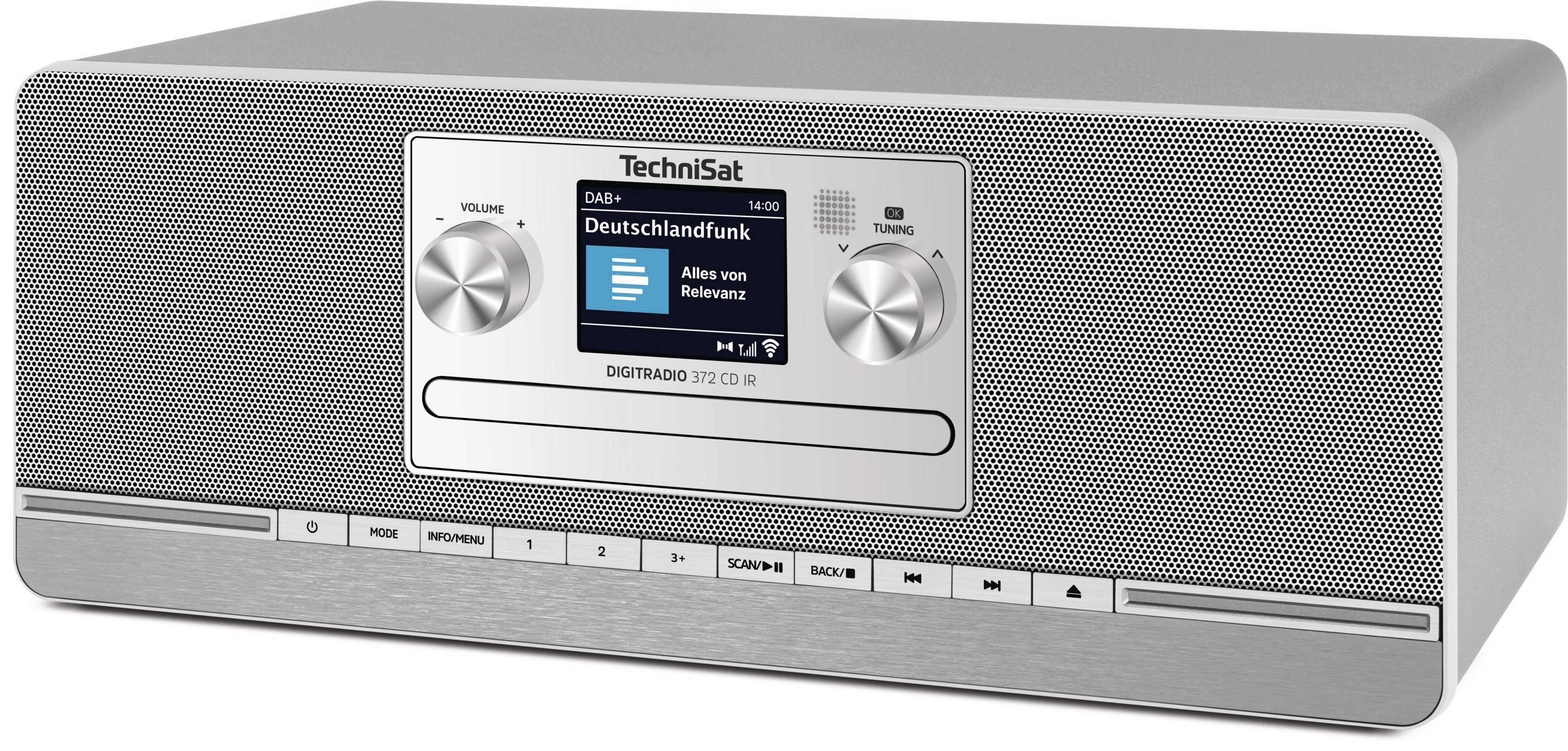 Ein TechniSat Digiradio 372 CD IR mit silbernem Gehäuse und Display.