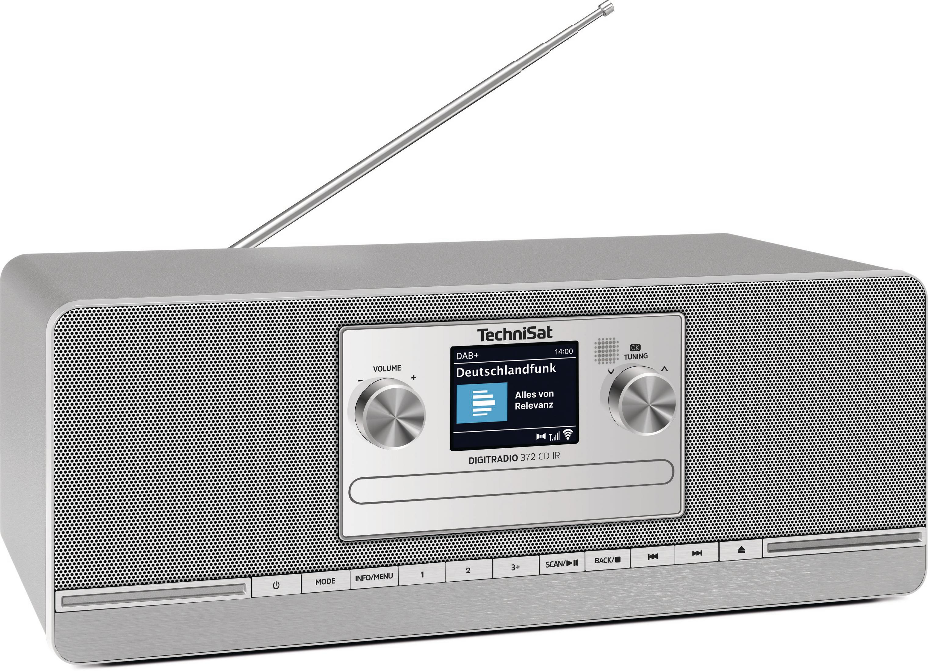Ein silbernes TechniSat Digitalradio mit ausgefahrenem Antennenstab und Display.