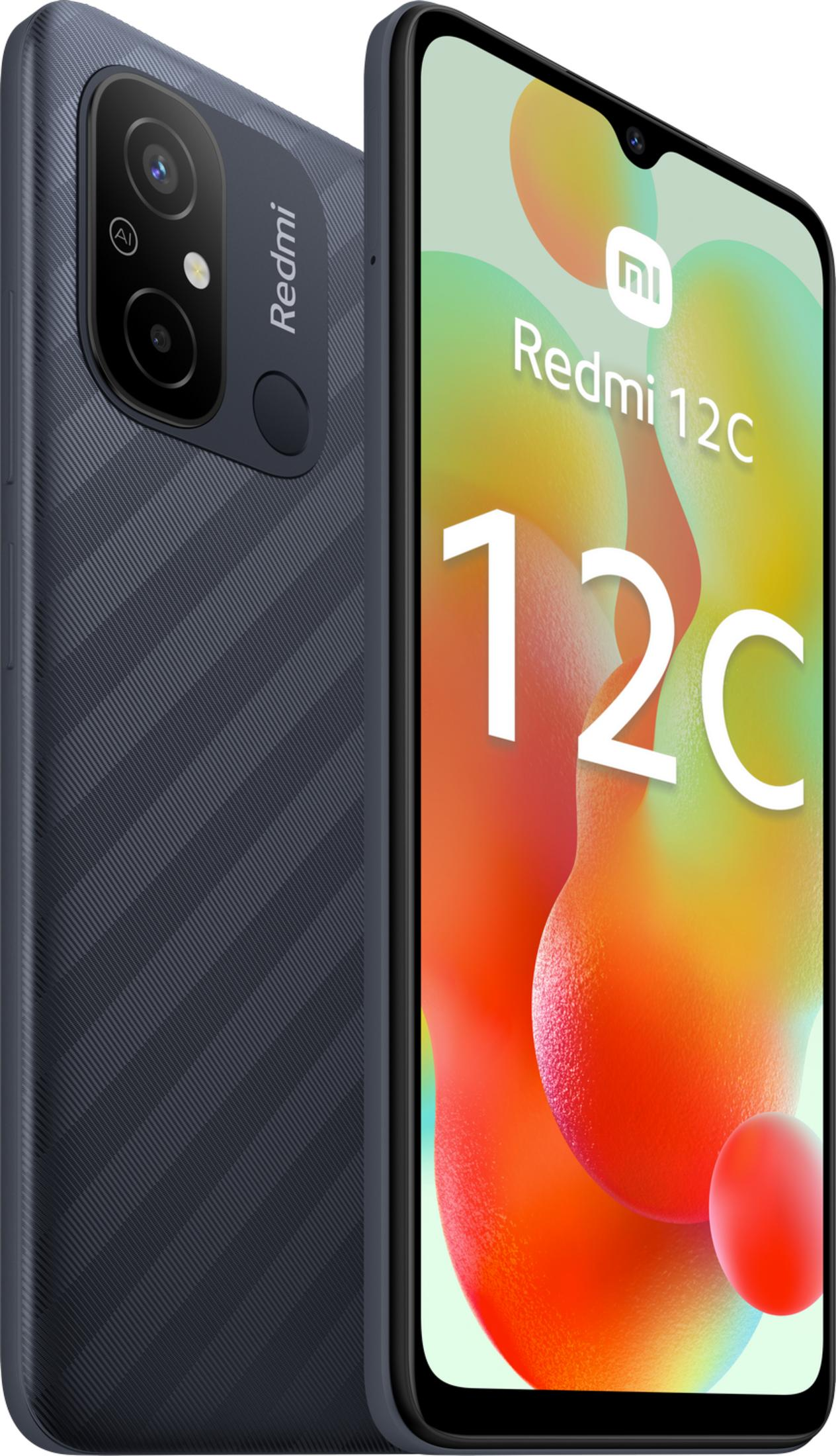 Un smartphone Redmi 12C oscuro con trasera texturizada y pantalla colorida.