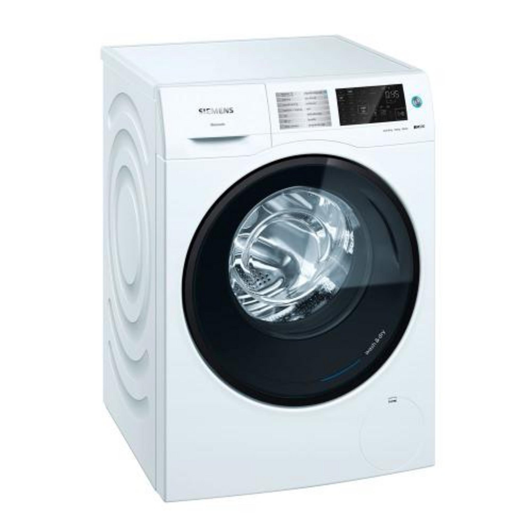 Lavatrice Siemens bianca con oblò nero e display digitale.
