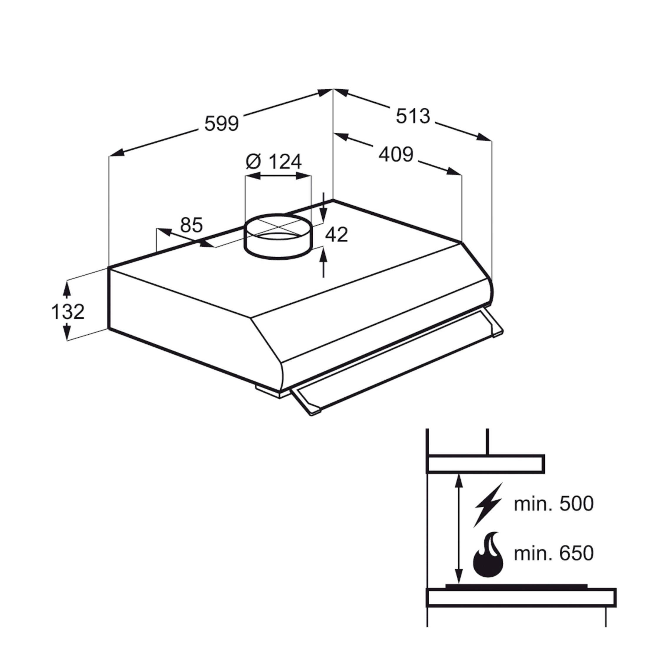 Dibujo técnico de una campana extractora con dimensiones y guías de instalación.