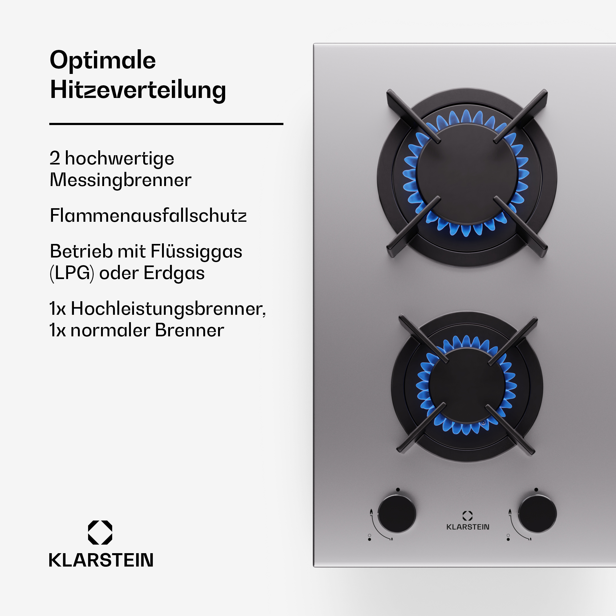 Zwei Gasbrenner mit blauen Flammen auf einem silbernen Kochfeld. Links Text und Logo.
