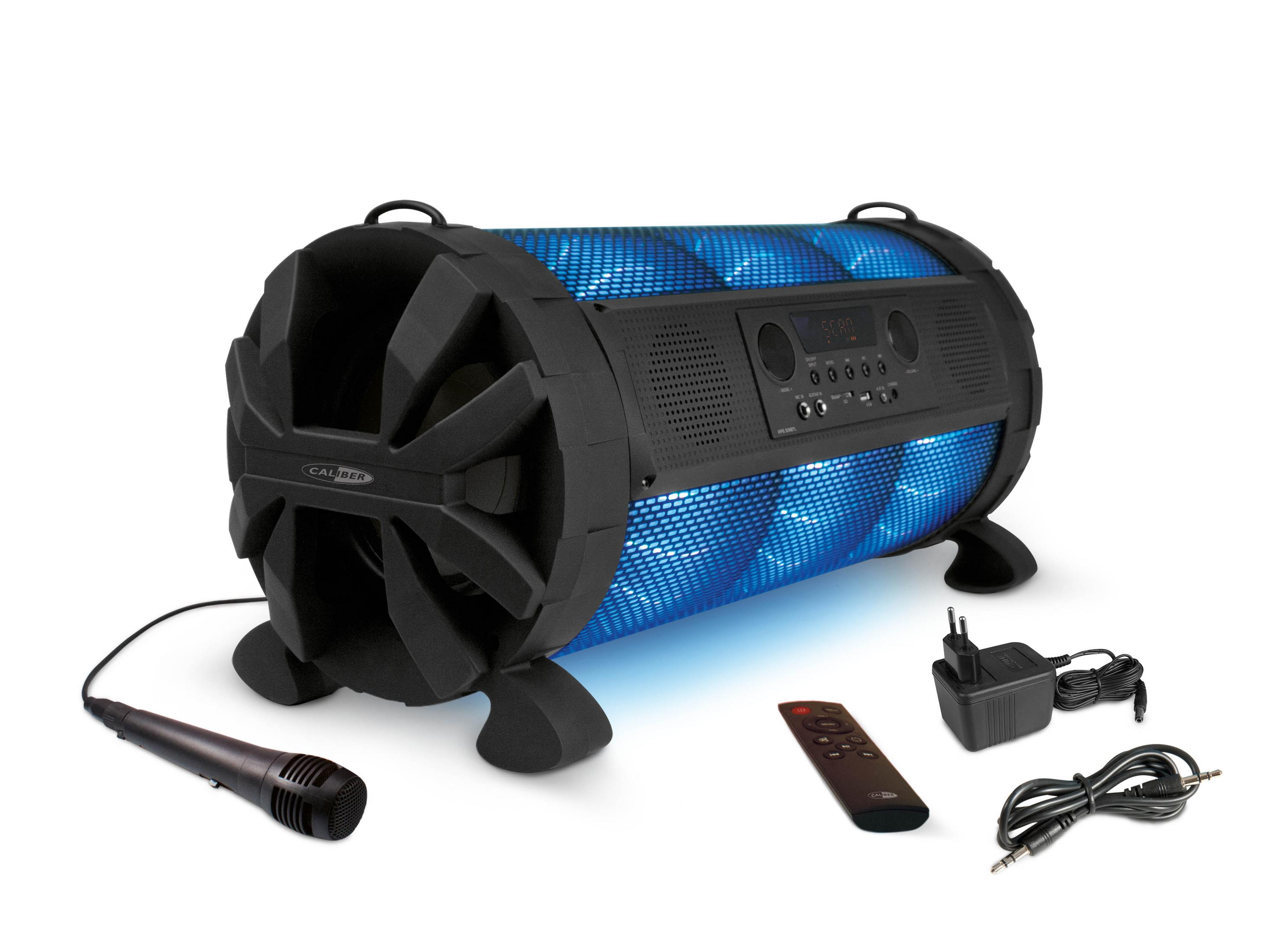 Schwarzer Bluetooth-Lautsprecher mit blauer Beleuchtung, Mikrofon, Fernbedienung und Netzteil.