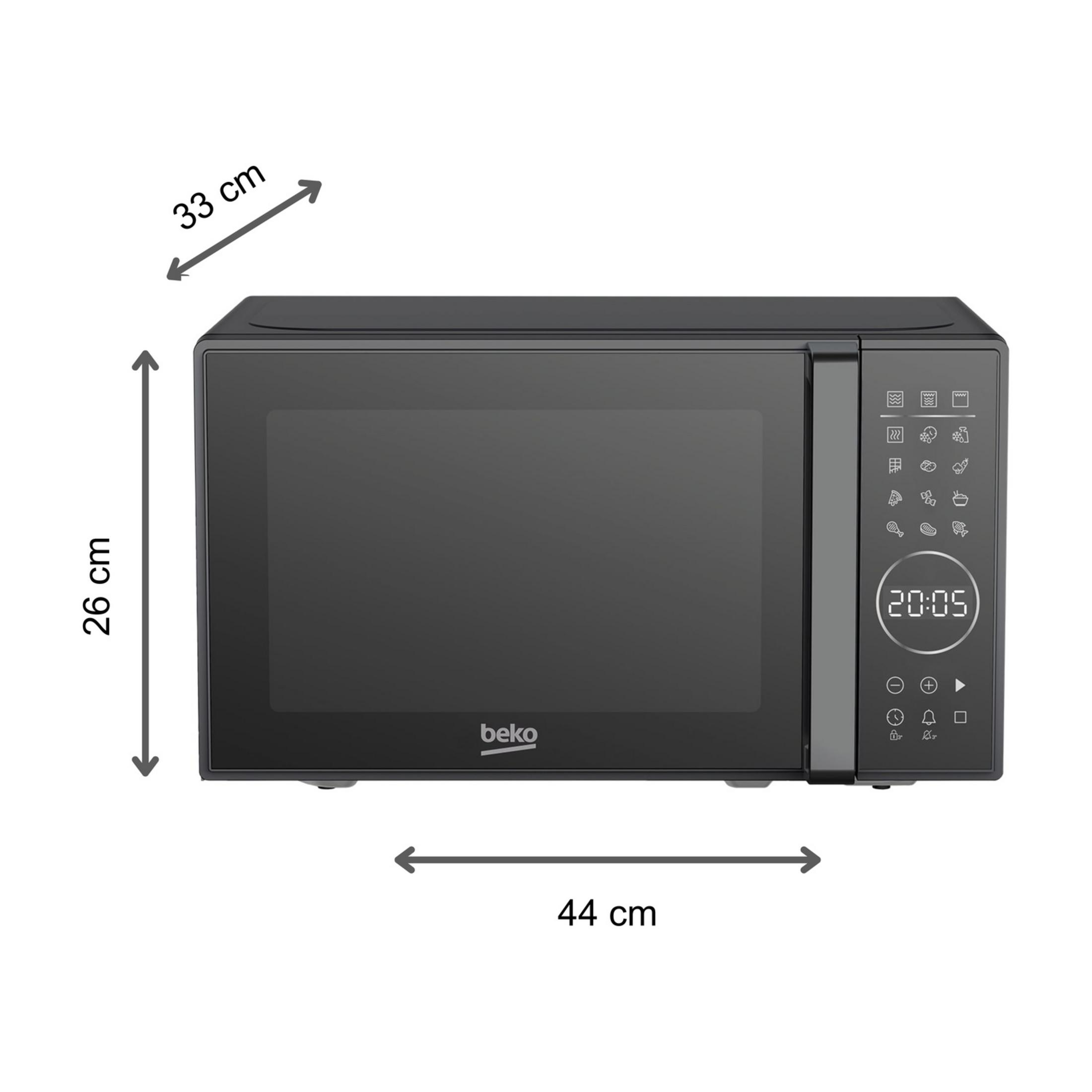 Black microwave oven with digital controls, dimensions 44x33x26 cm.