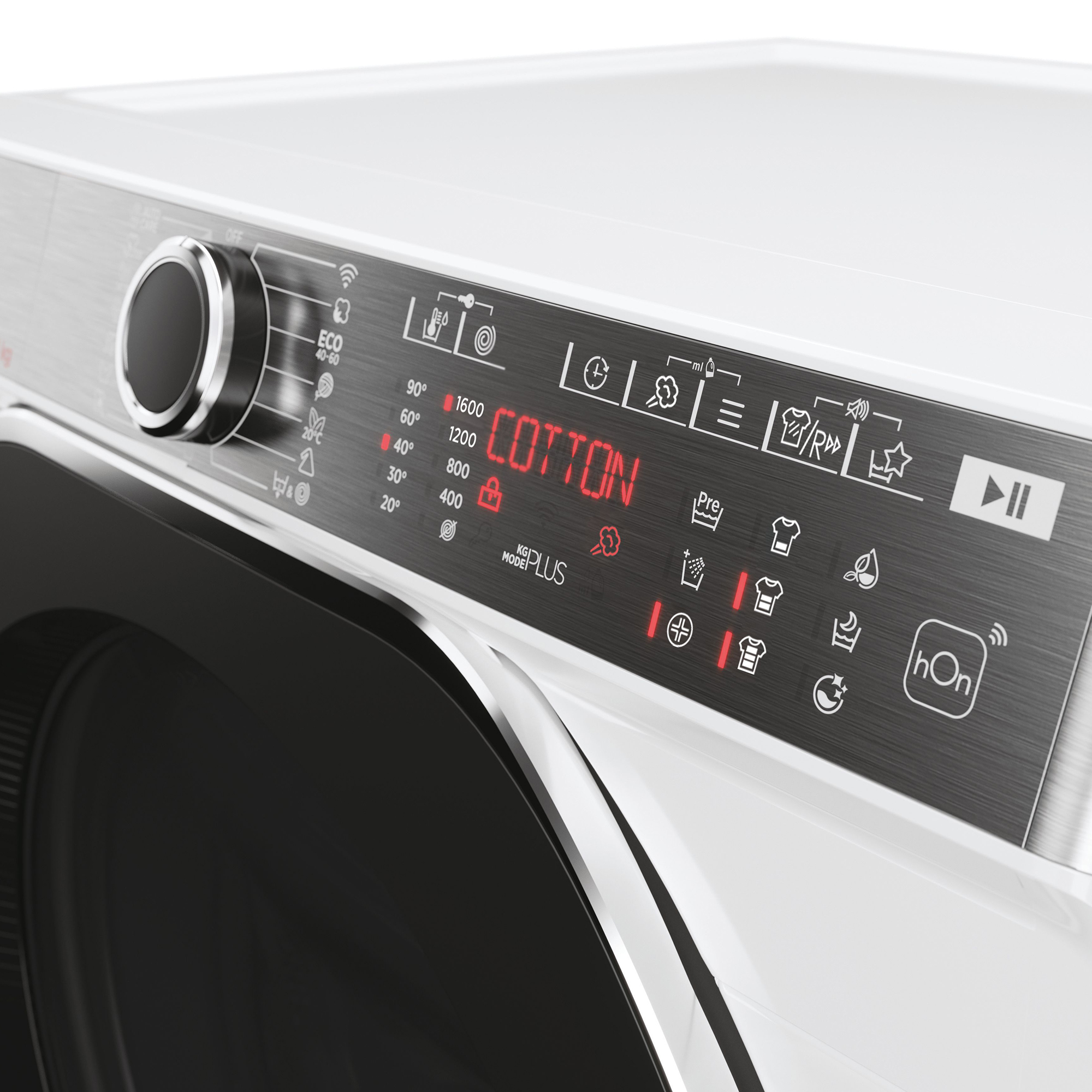 Ein moderner Waschmaschinen-Bedienfeld mit roten LED-Anzeigen für 'COTTON'.