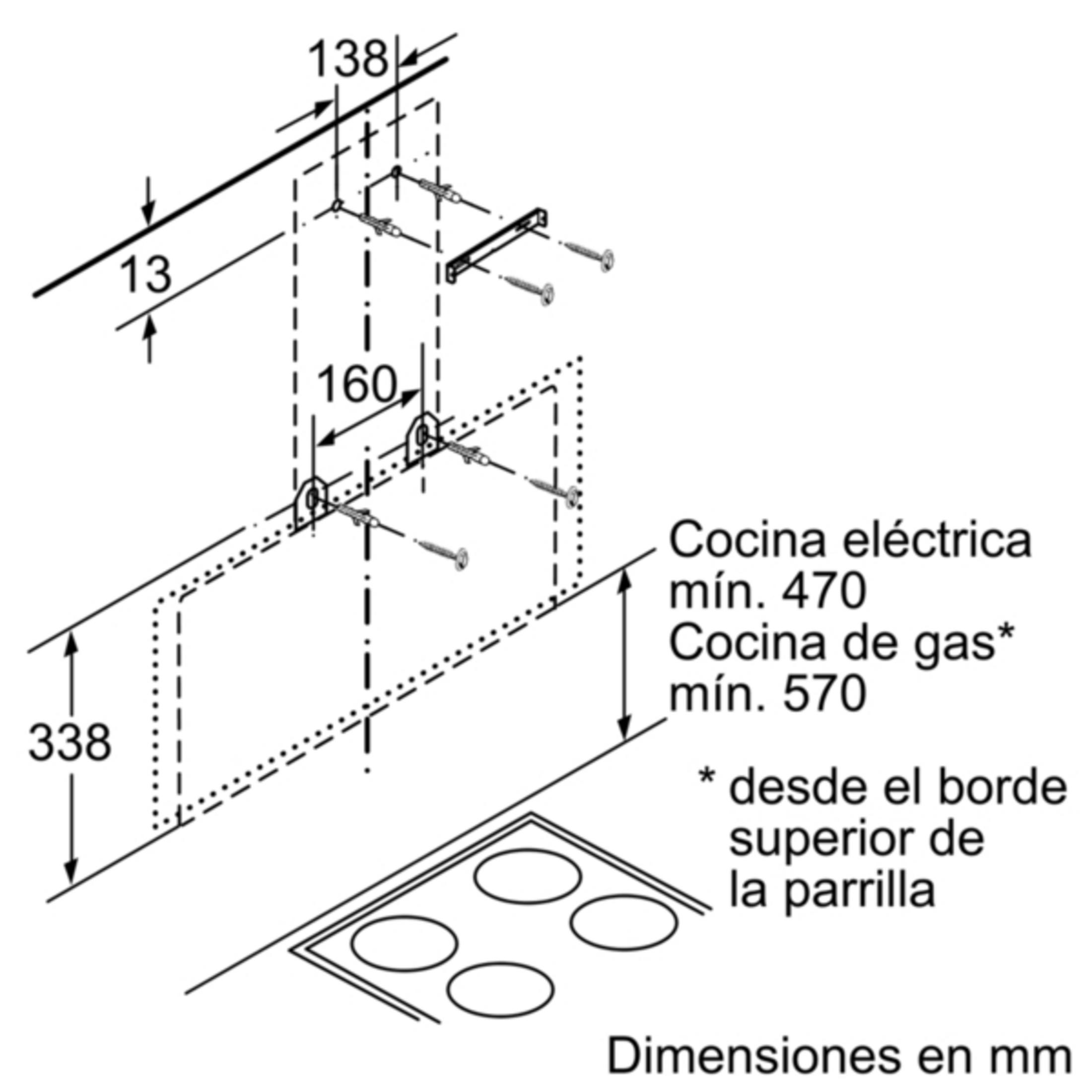 Dibujo técnico con dimensiones para instalación de cocina.