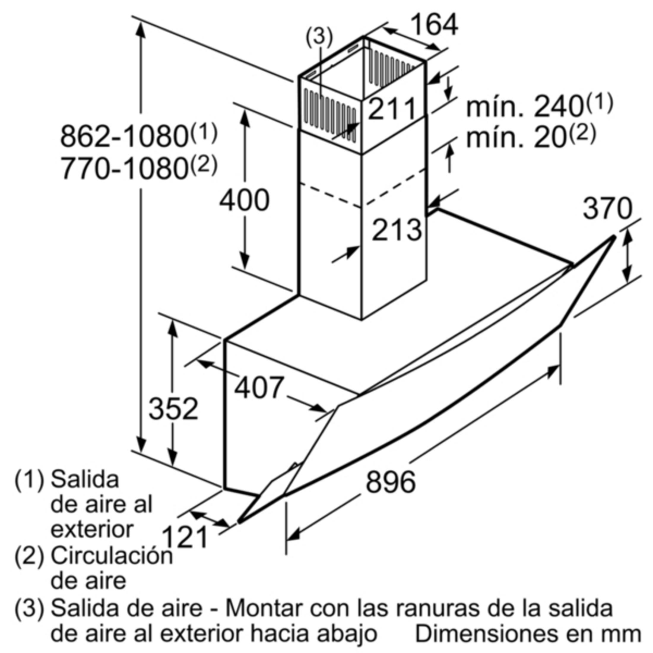 Dibujo técnico de una campana extractora con dimensiones.