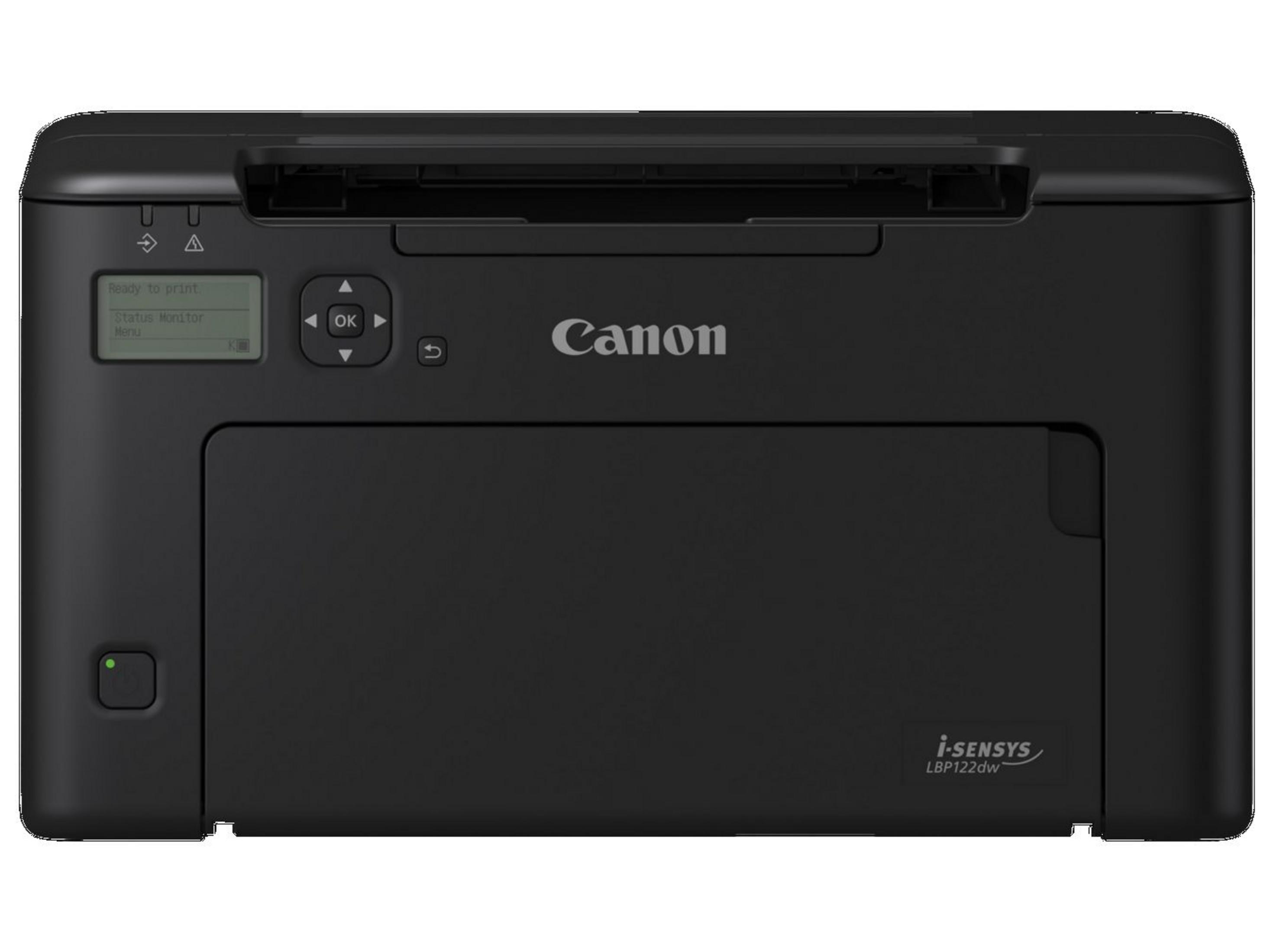 Una impresora láser Canon i-SENSYS LBP122dw negra con panel de control y bandeja de salida.