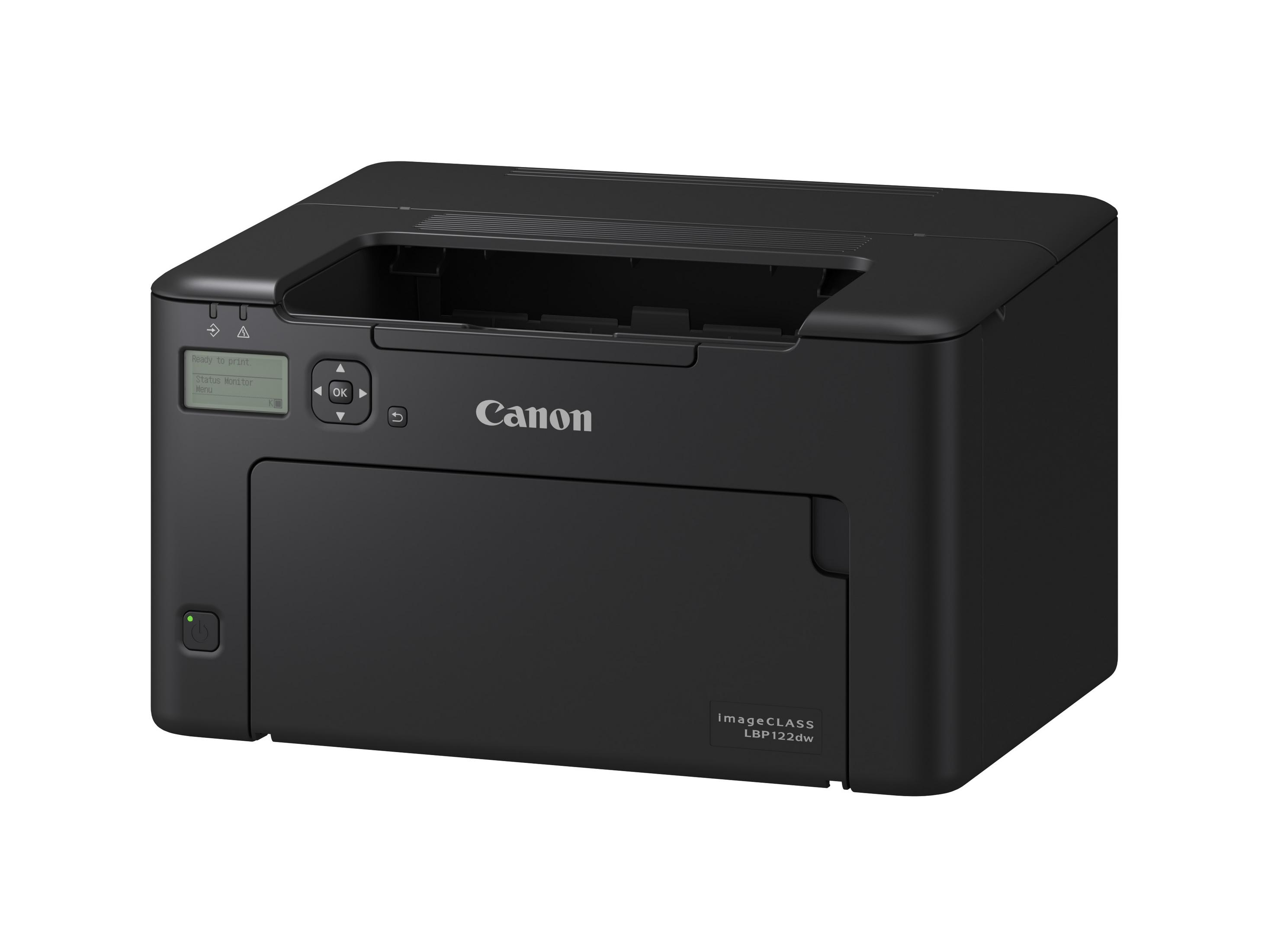 Una impresora Canon imageCLASS LBP122dw negra sobre fondo blanco. Tiene una pequeña pantalla LCD.