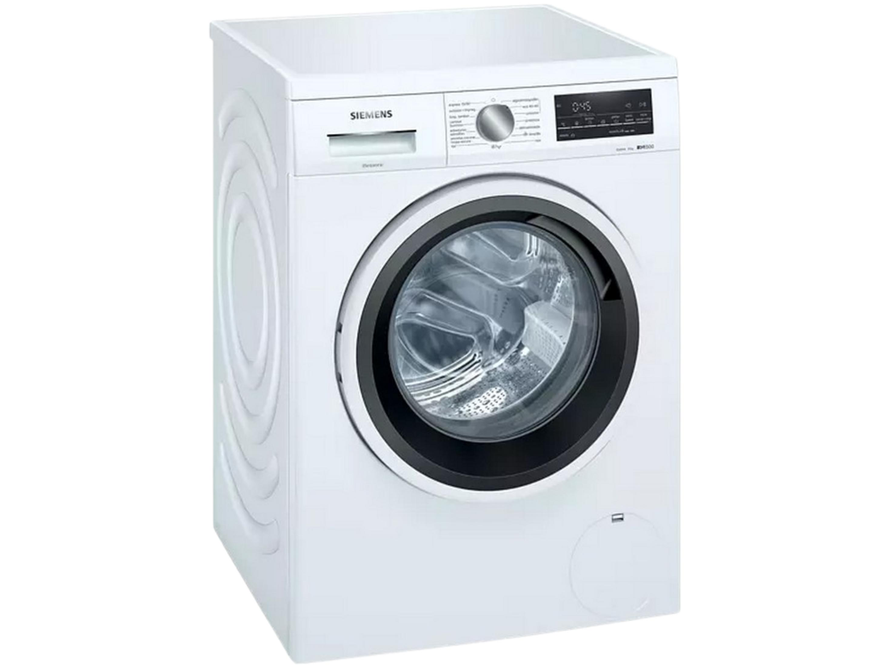 Eine weiße Siemens Waschmaschine mit silbernem Bedienfeld und schwarzem Bullauge.