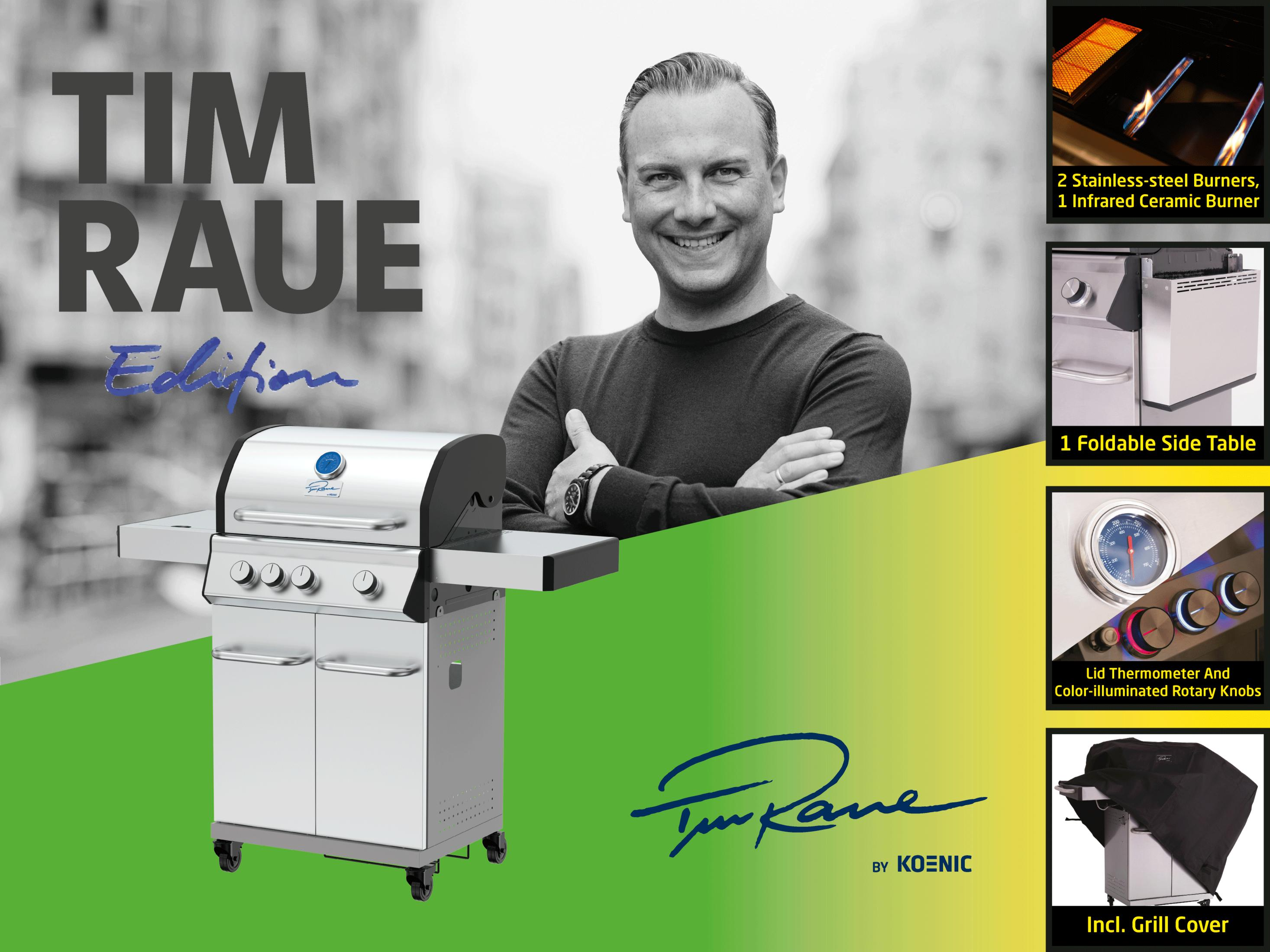 Ein Mann lächelt neben einem Grill. Details zeigen Brenner, Tisch und Thermometer.
