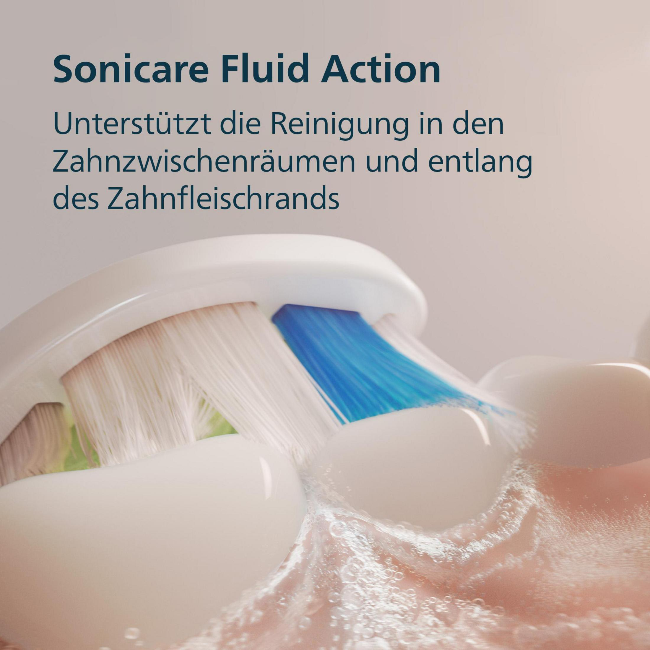 Elektrische Zahnbürste mit weißen und blauen Borsten, die Schaum erzeugt.