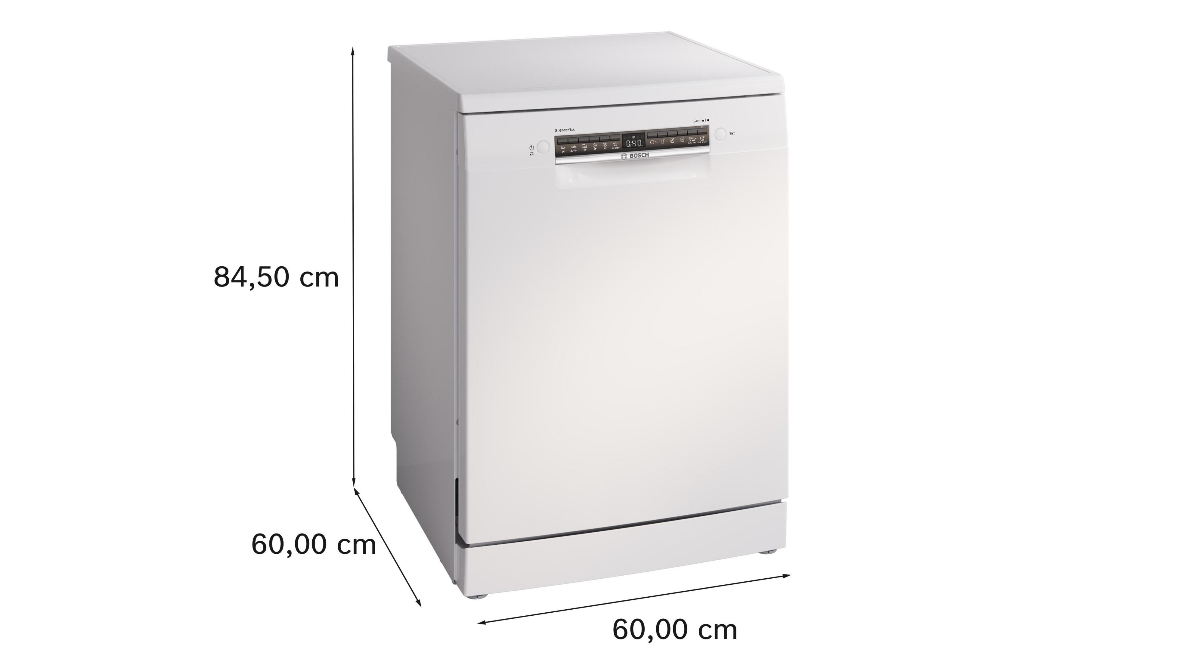 A white Bosch dishwasher measuring 84.5 x 60 x 60 cm.
