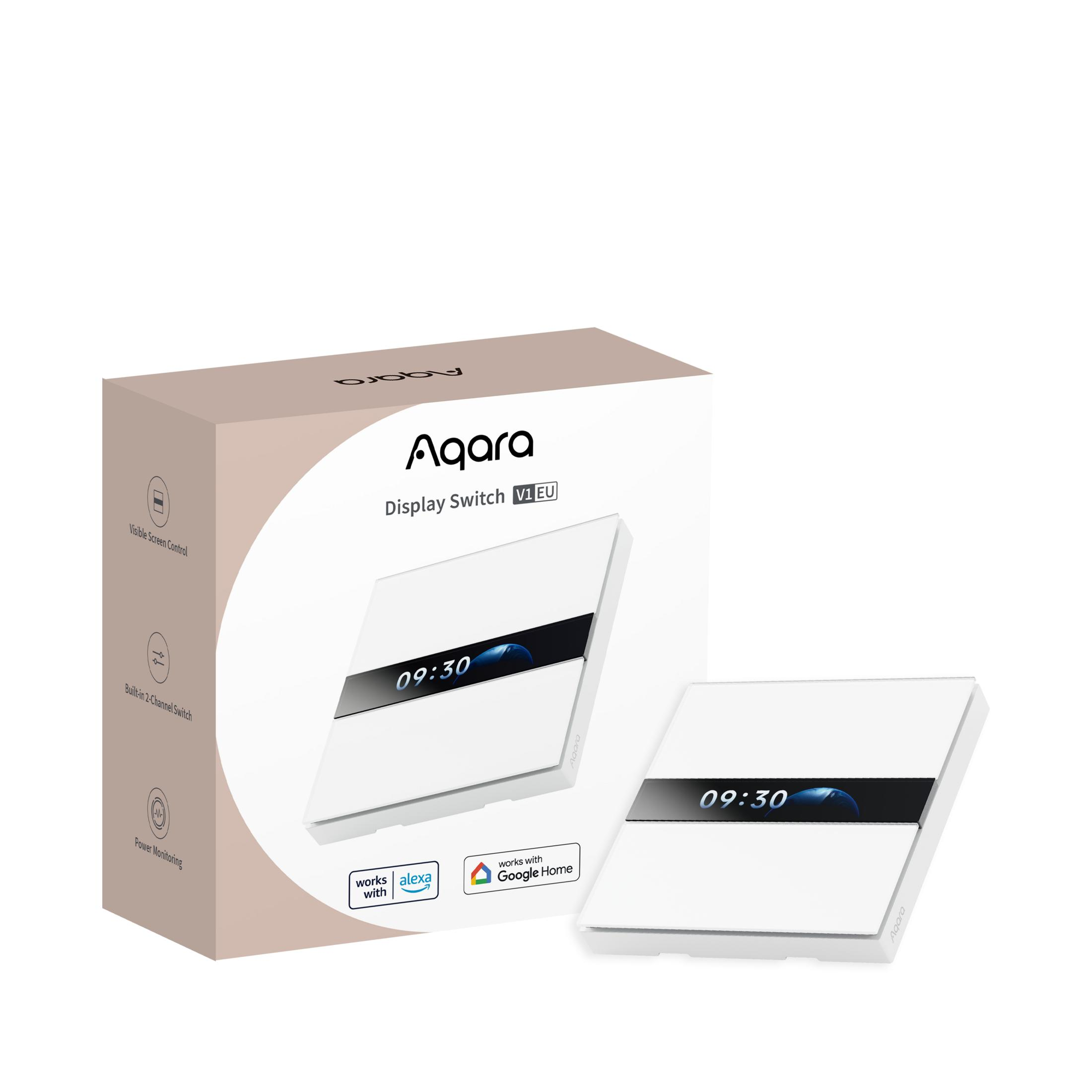 Scatola Aqara Display Switch V1 EU con due interruttori bianchi che mostrano 09:30.