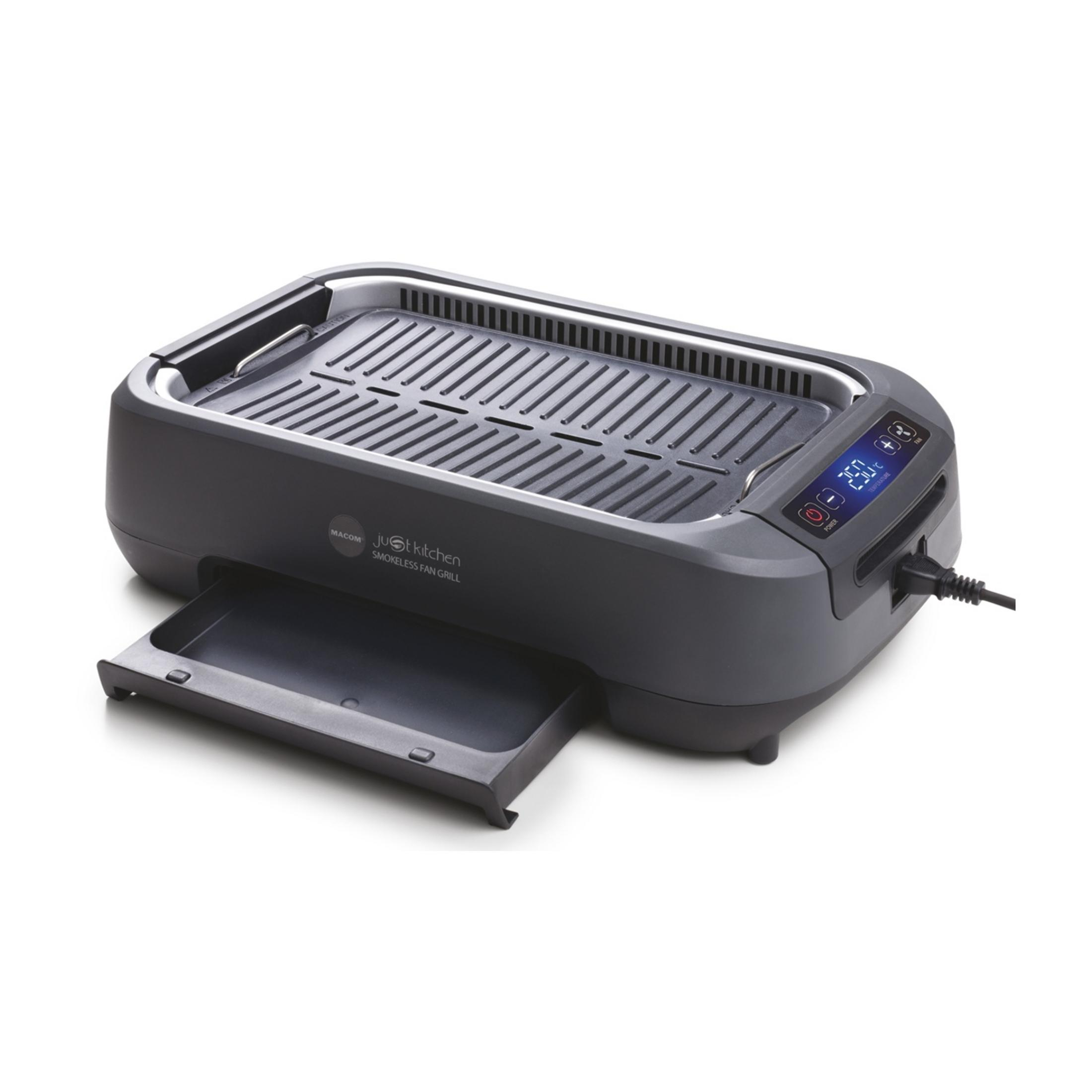 Grauer Tischgrill mit ausziehbarer Fettauffangschale und digitaler Temperaturanzeige.