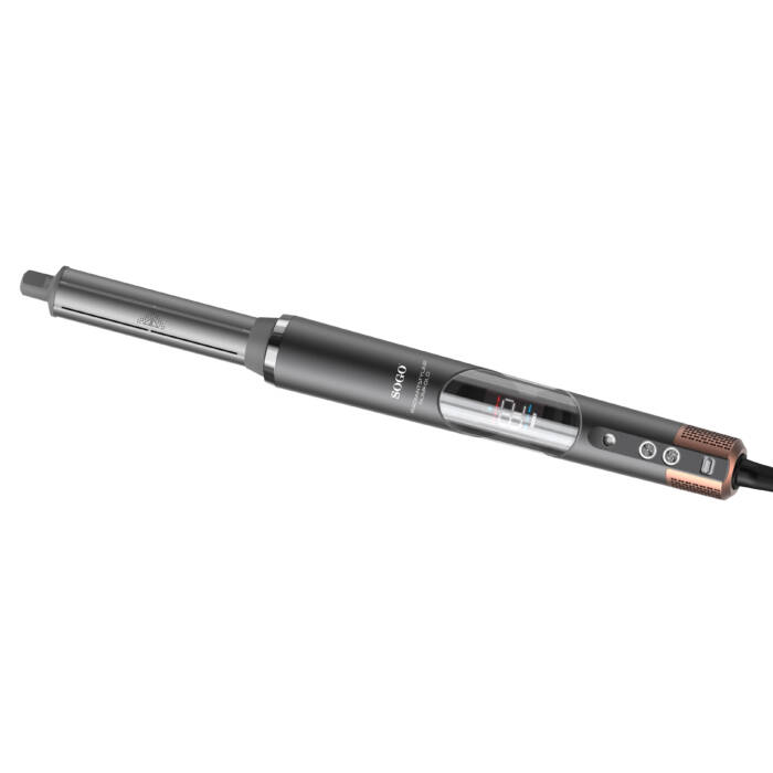 Un rizador automático gris con pantalla digital y detalles en cobre.