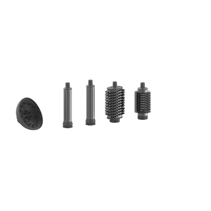Accesorios para secador de pelo: difusor, dos cilindros rectos y dos cepillos.