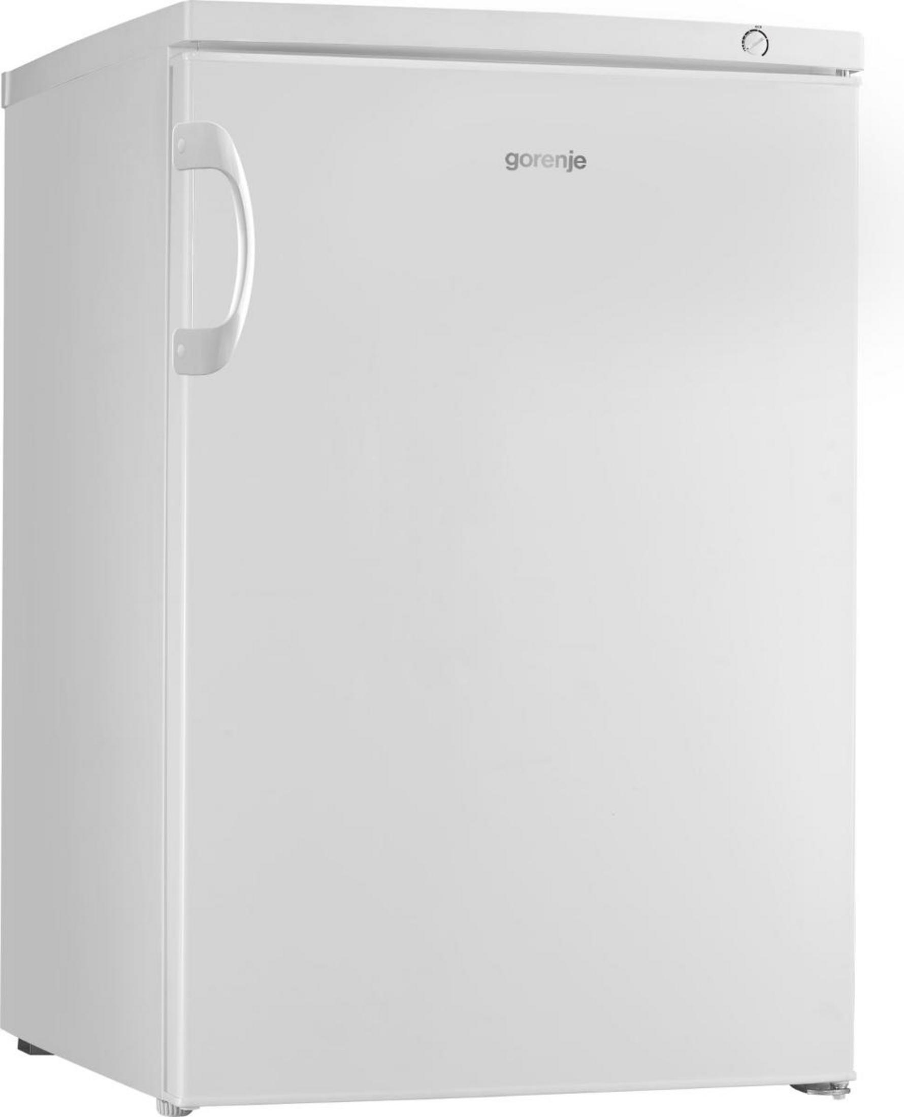 Ein kleiner, weißer Kühlschrank mit einem silbernen Griff und dem Gorenje-Logo.