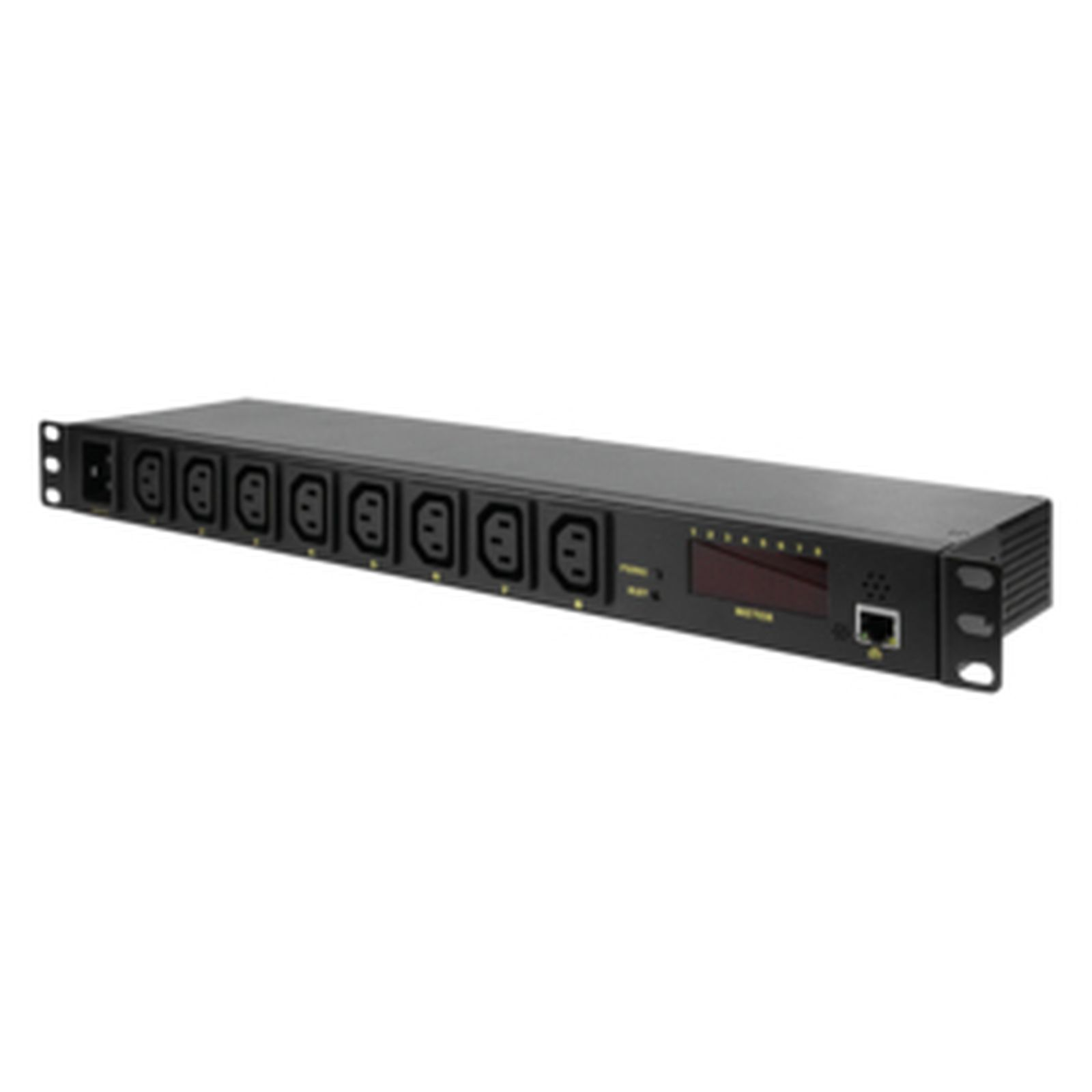 Unità rack nera con prese multiple, display e porta di rete.