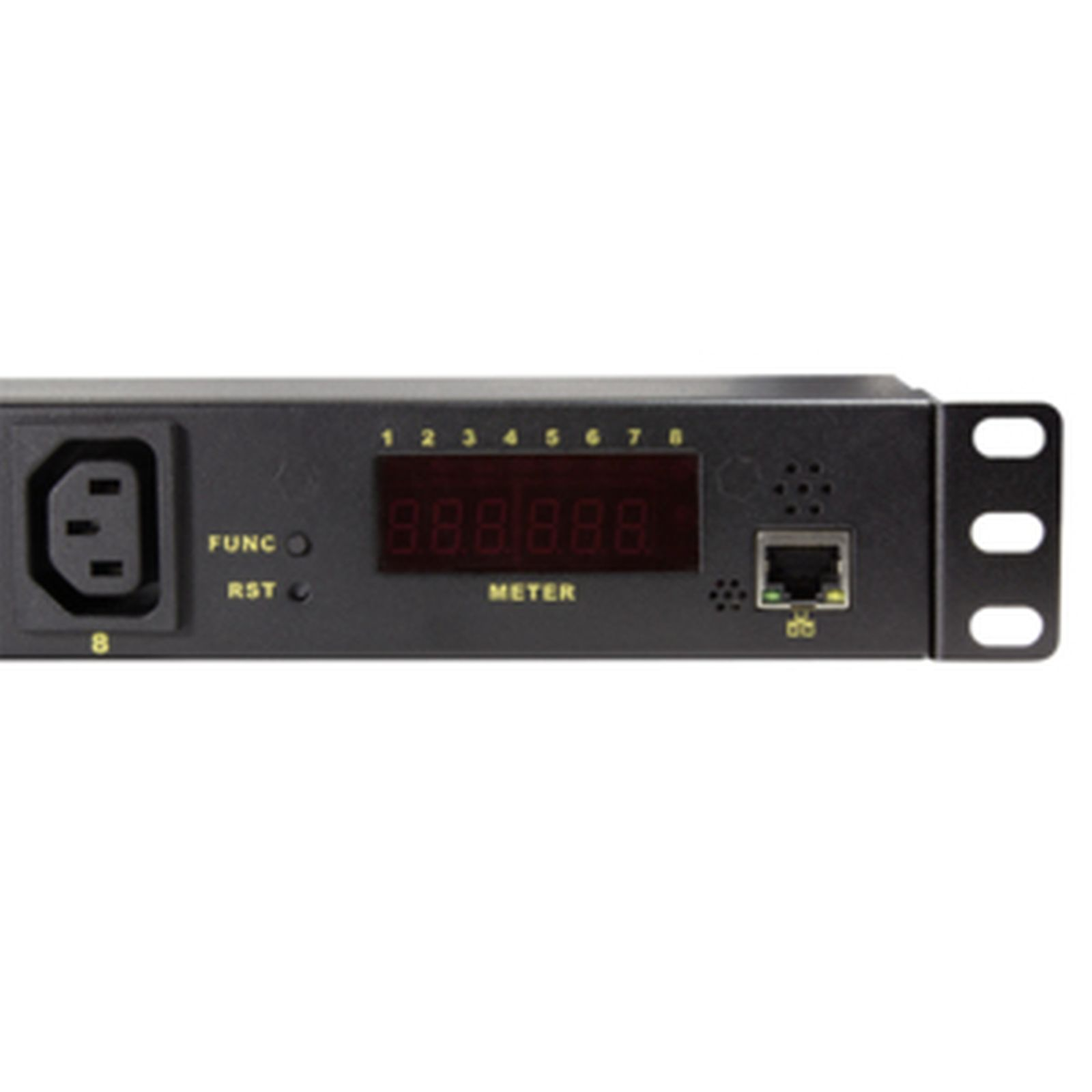 Un dispositivo rack nero con presa di corrente, display, pulsanti e porta Ethernet.