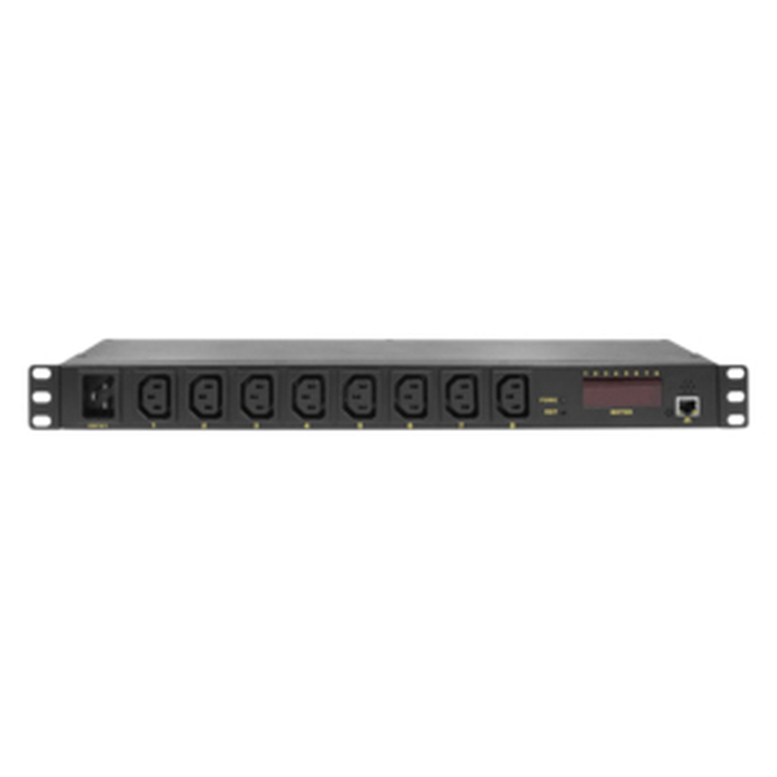 Dispositivo rack nero con dieci prese, display e porta di rete.