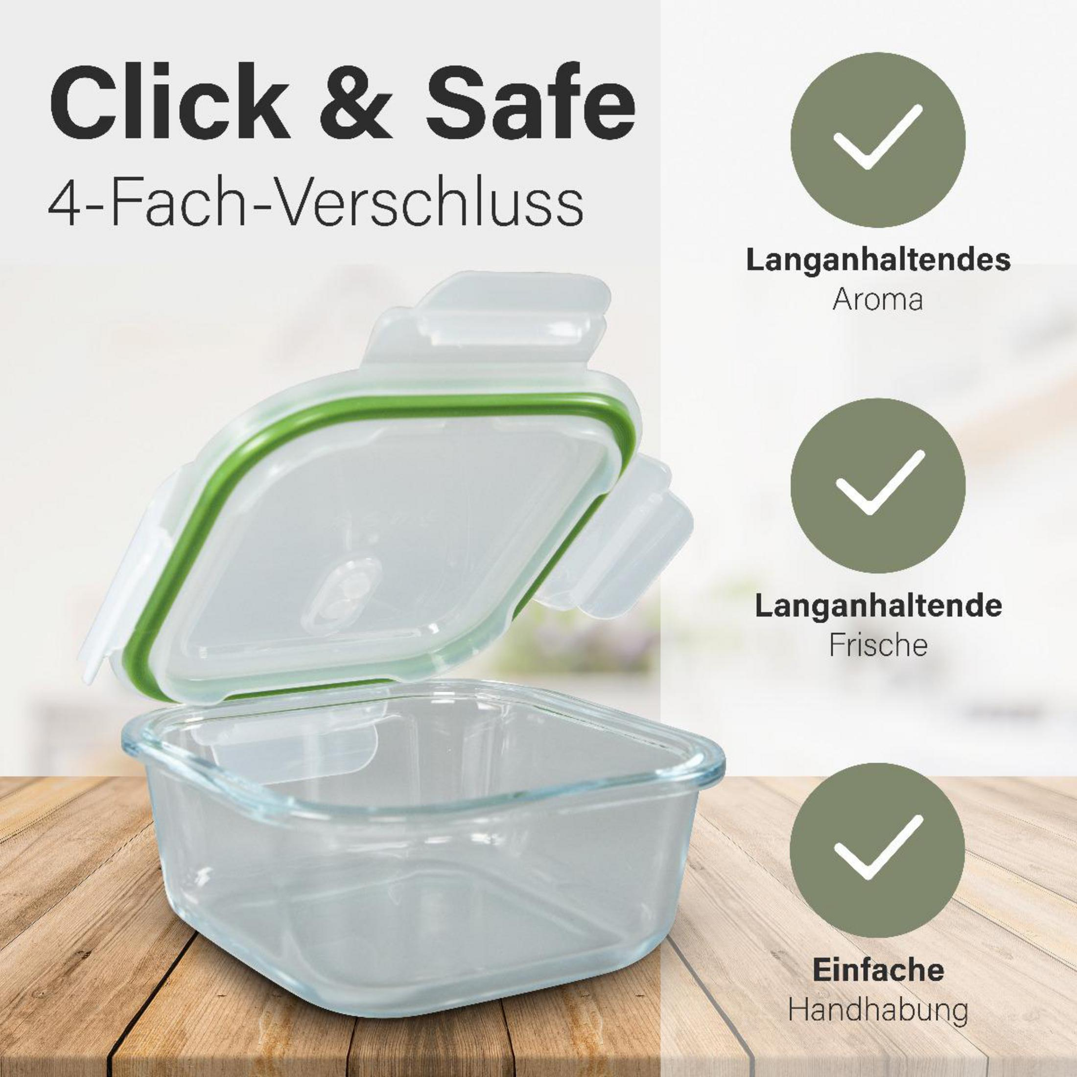 Contenitore cibo in vetro, coperchio aperto, guarnizione verde. Testo: Click & Safe.