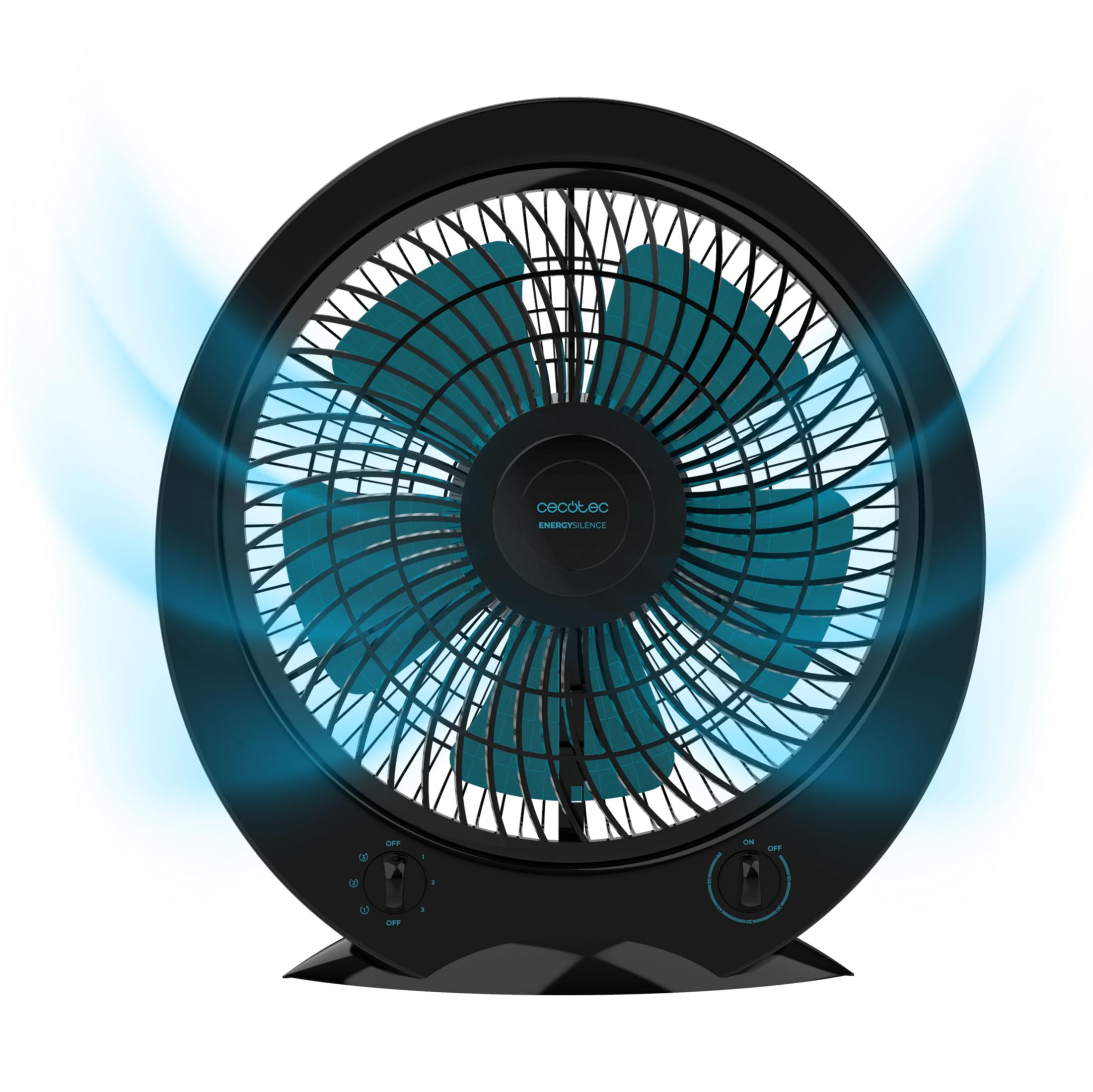 Un ventilador negro con aspas verde azulado y corrientes de aire azules.