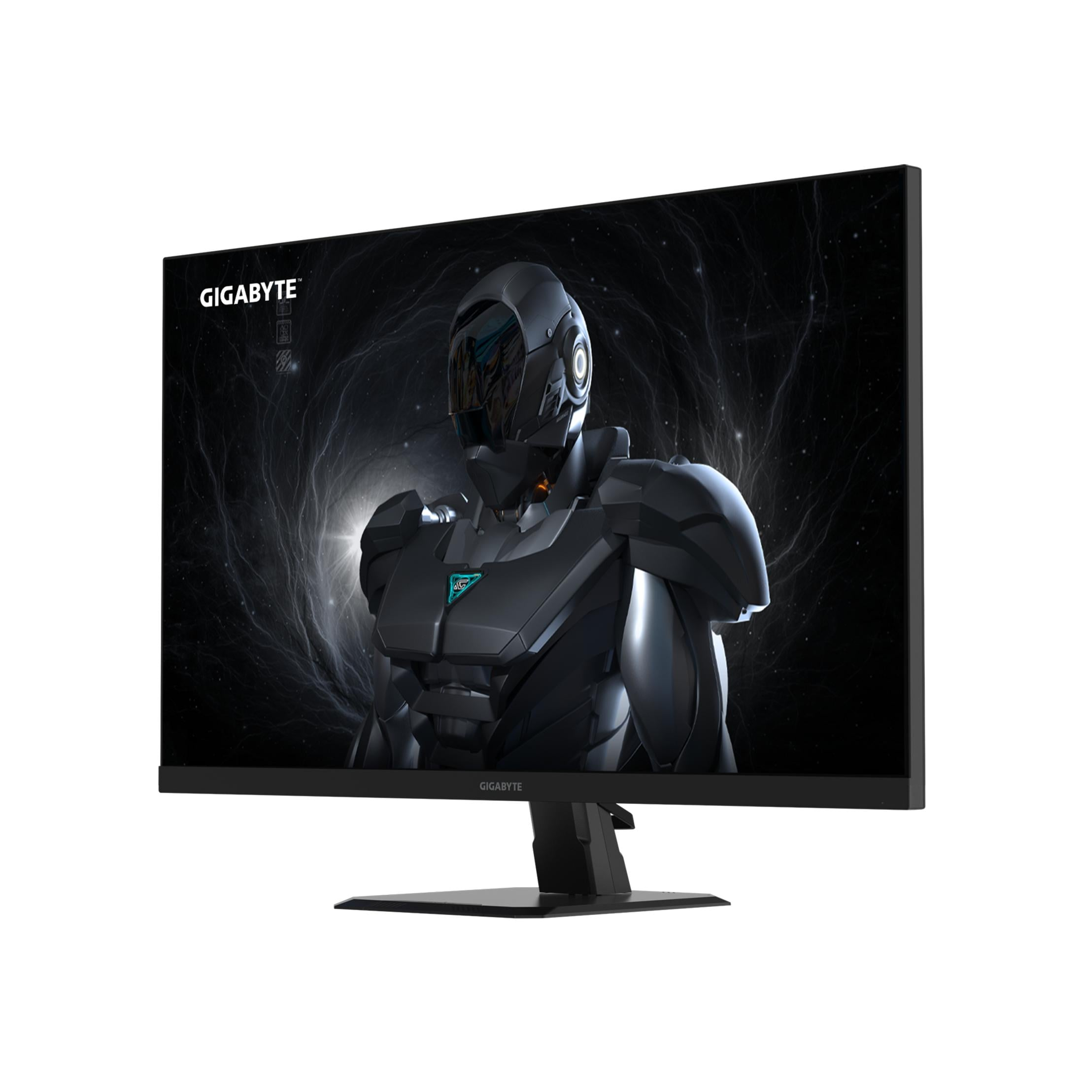Ein GIGABYTE-Monitor zeigt ein dunkles Bild eines Roboters mit Weltraumhintergrund.