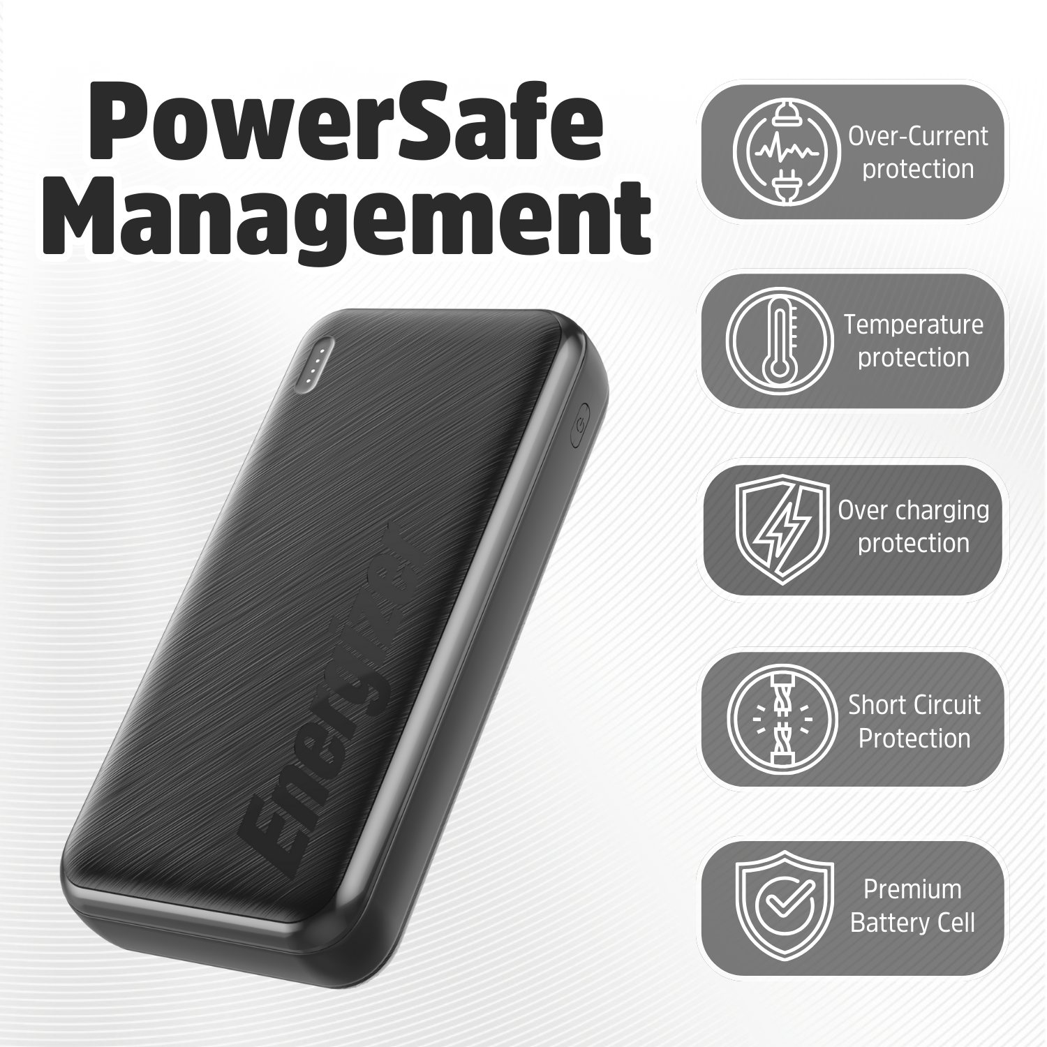 Schwarzes Powerbank mit Text und Schutzsymbolen: Überstrom, Temperatur, Überladung, Kurzschluss, Akku.